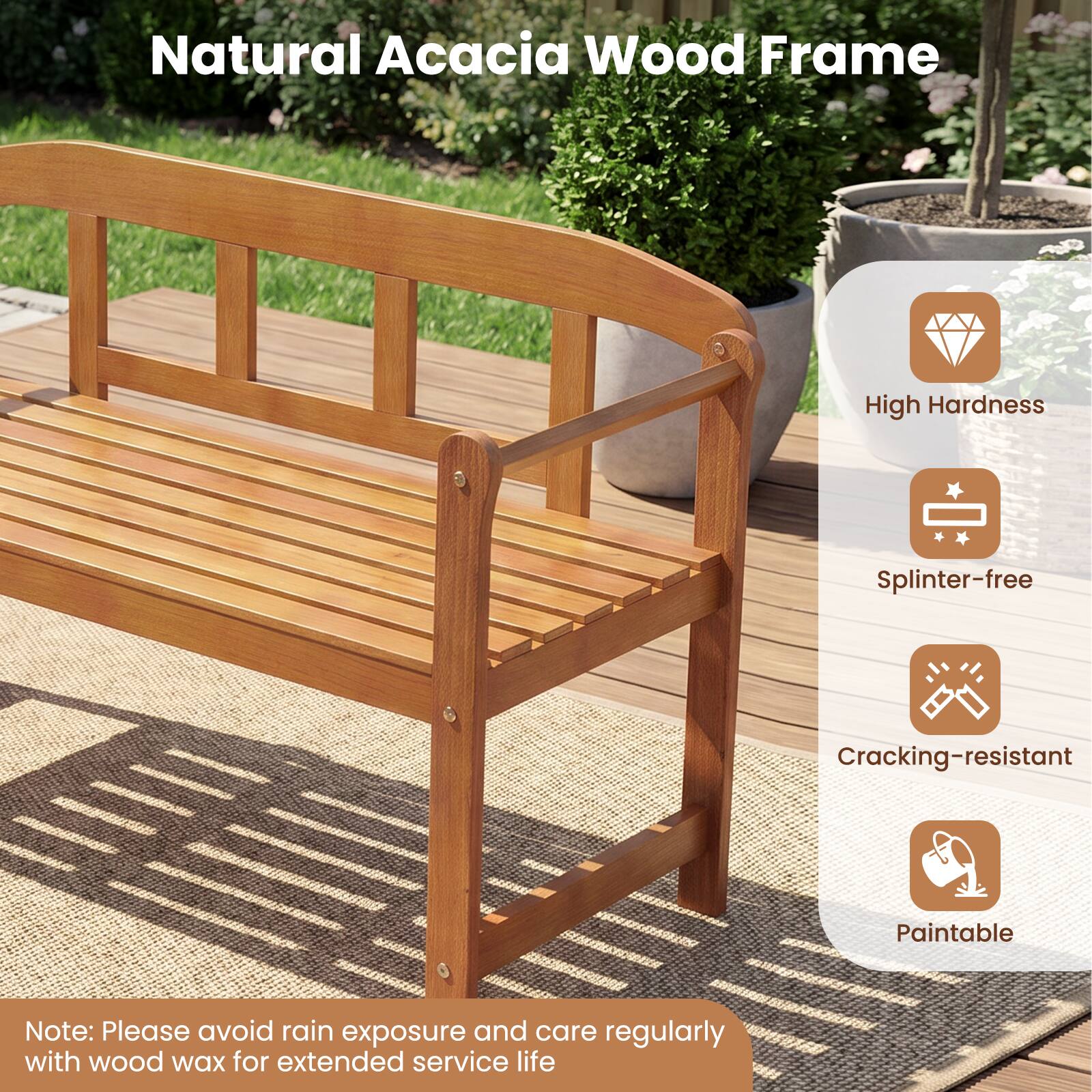 Natural Acacia Wood Frame

- High Hardness
- Splinter-free
- Cracking-resistant
- Paintable

Note: Please avoid rain exposure and care regularly with wood wax for extended service life