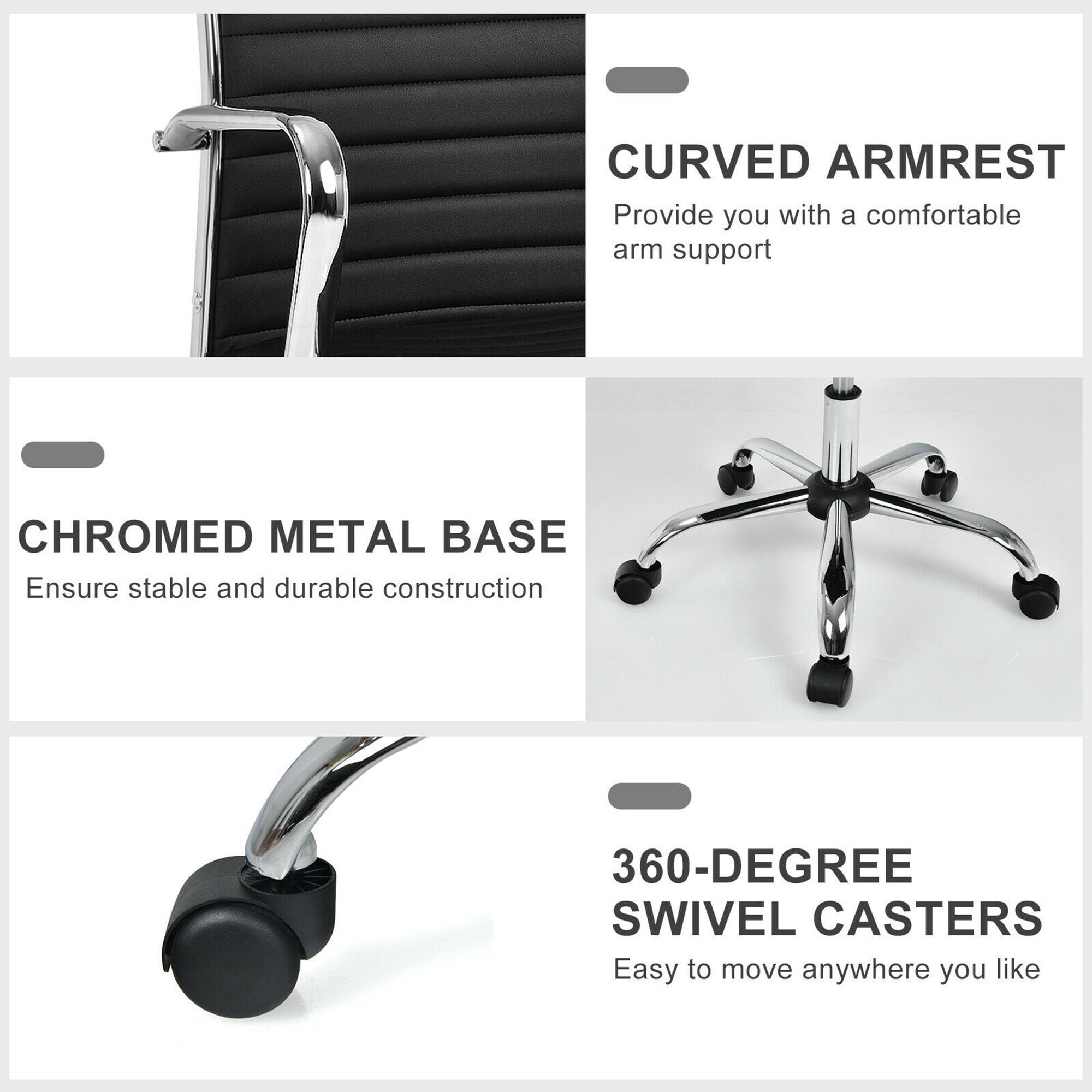 CURVED ARMREST - Provide you with a comfortable arm support

CHROMED METAL BASE - Ensure stable and durable construction

360-DEGREE SWIVEL CASTERS - Easy to move anywhere you like