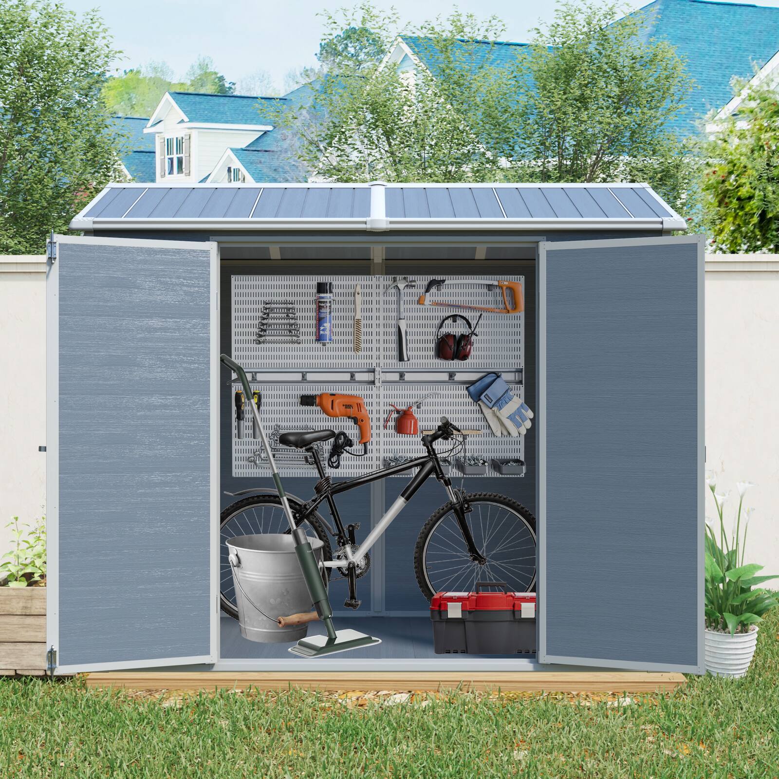 Angle. Loheer - Loheer 8x4 Plastic Storage Shed with Floor and Double Door Gray Outdoor Garden Tool Shed for Backyard.