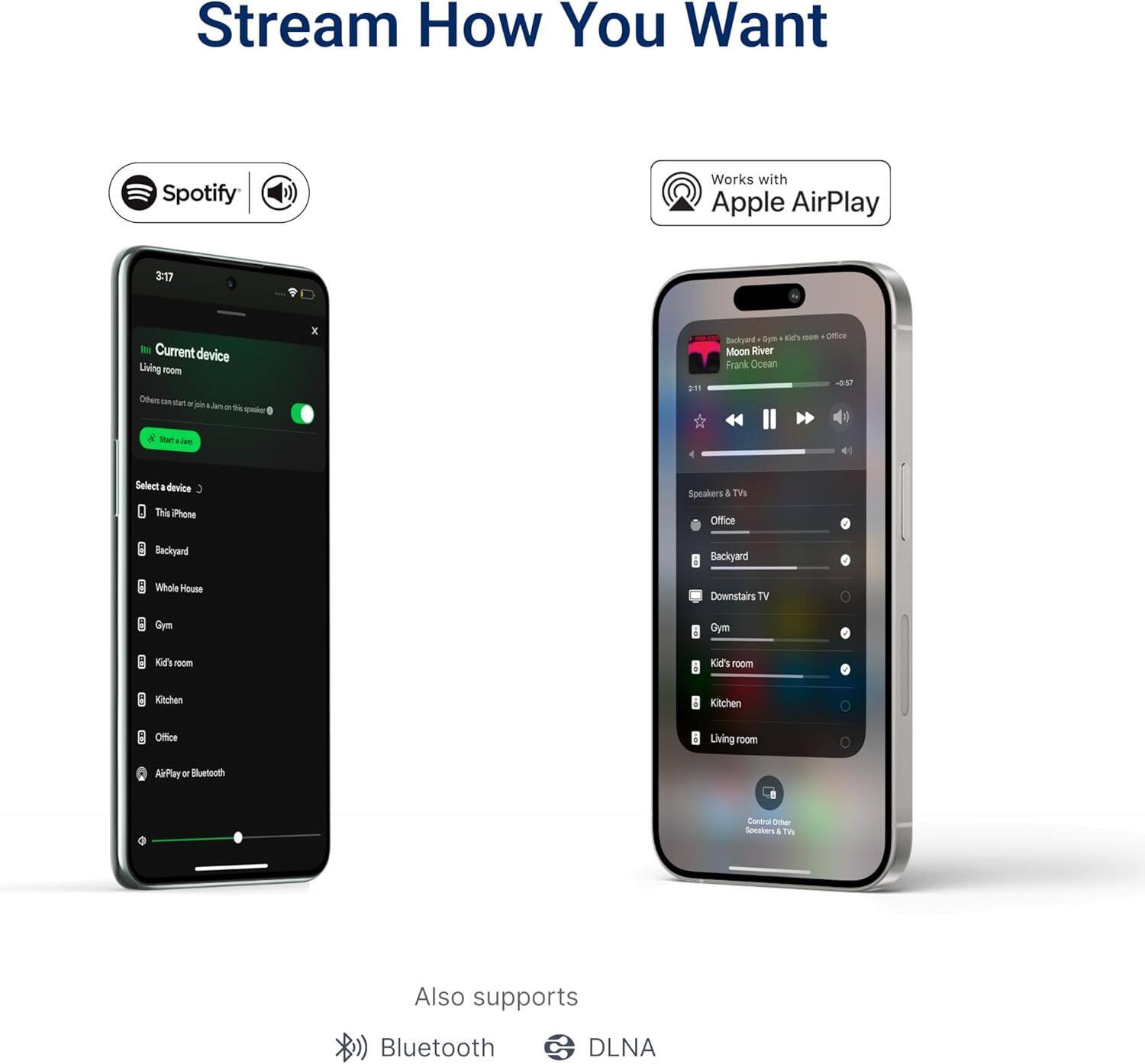 Stream How You Want  
Spotify Works with Apple AirPlay  

Current device  
Living room  
Others can start a jam on this device  

Select a device  
This iPhone  
Speakers & TVs  
Office  
Backyard  
Whole House  
Gym  
Kid's room  
Kitchen  
Office  
Living room  
AirPlay or Bluetooth  

Also supports  
Bluetooth  
DLNA