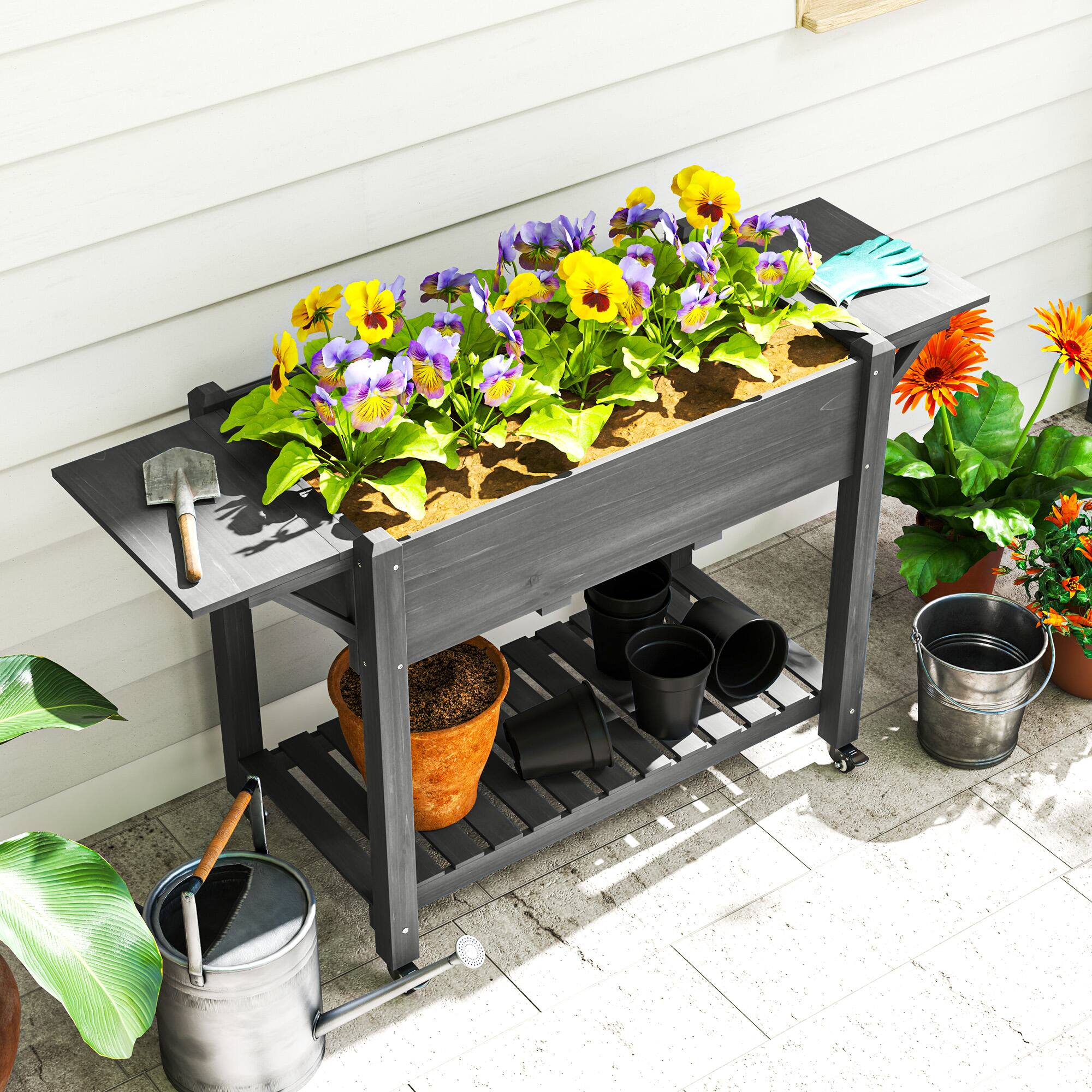 Alt View 8. Outsunny - Raised Garden Bed, 57 x 20.5 x 34 in Wood Elevated Planter Box with Lockable Wheels, Side Tables and Bottom Shelf - Gray.
