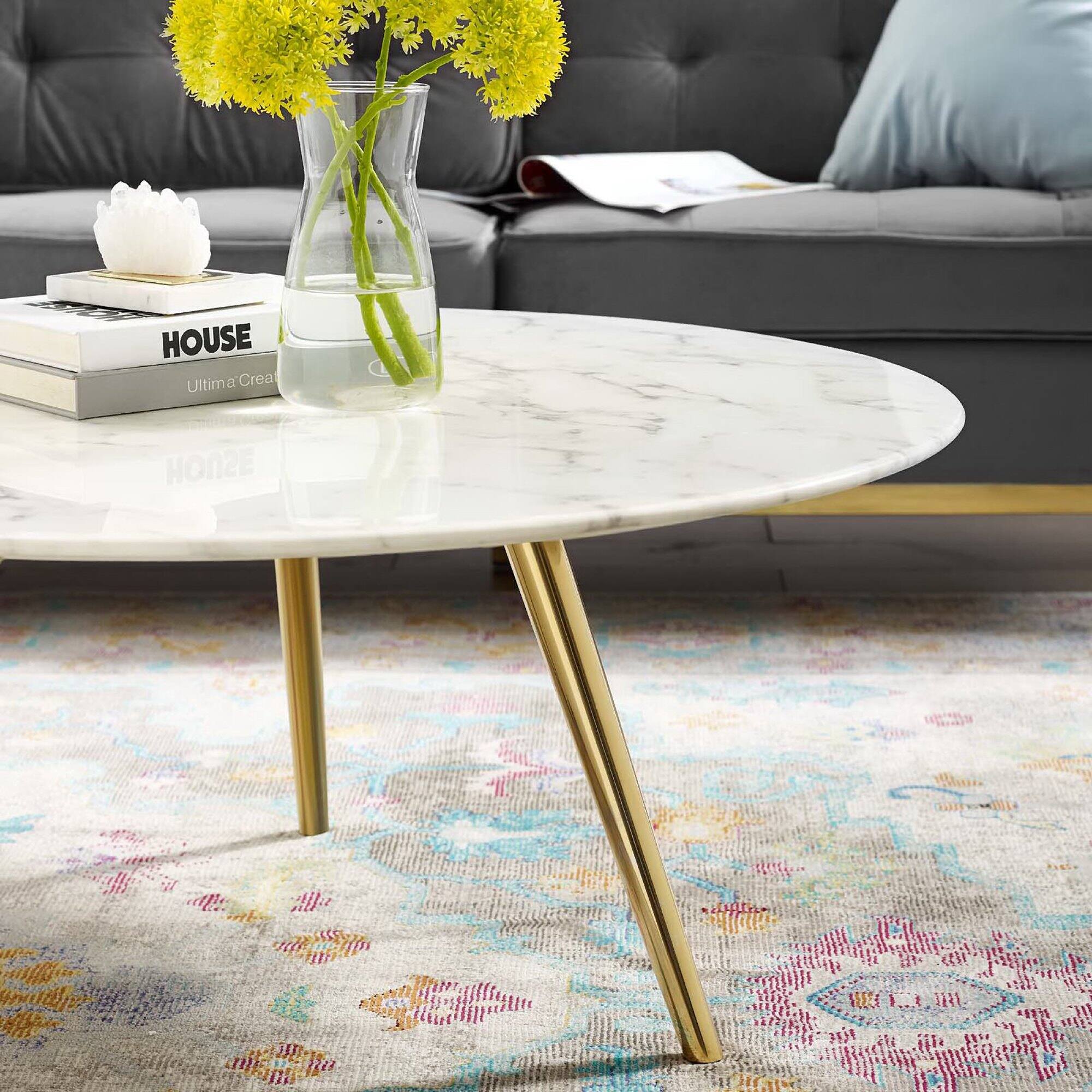 Modway Lippa Round Artificial Marble Coffee Table with Tripod Base Gold ...