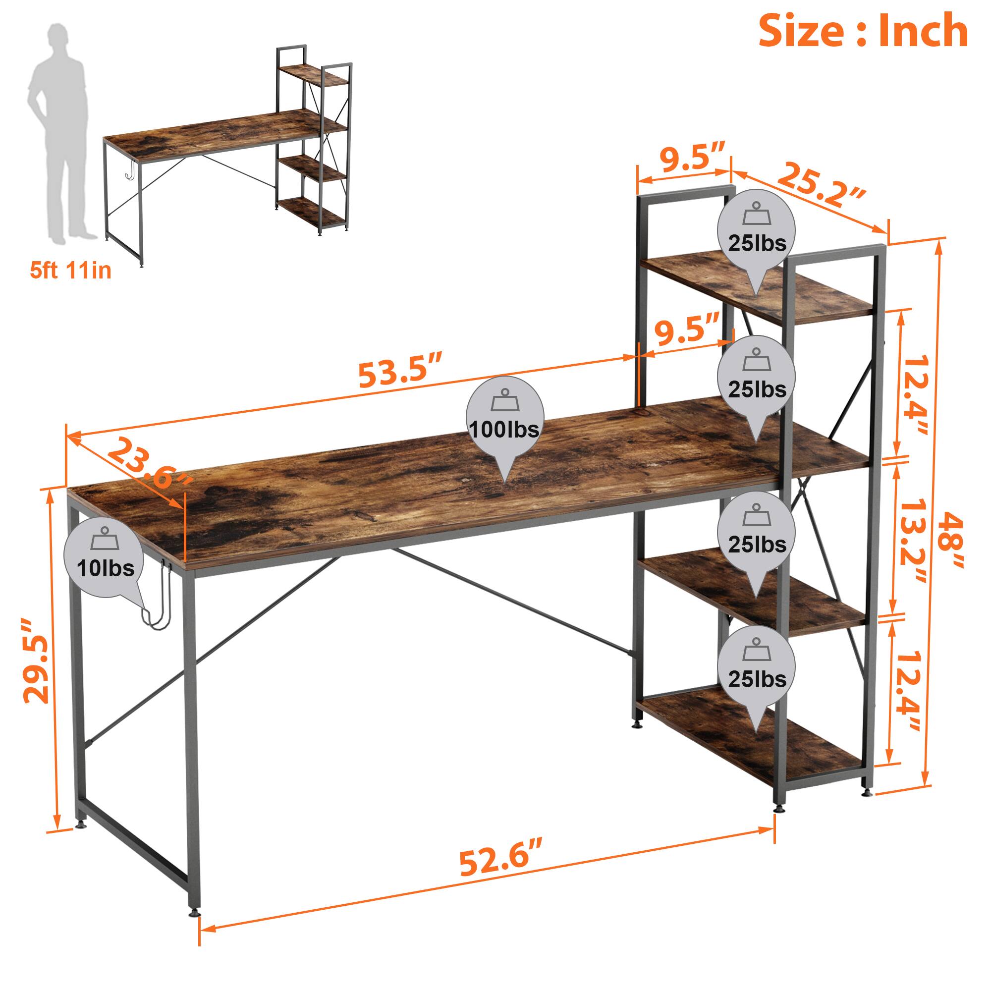 The text on the image is grouped and corrected as follows:

1. Size: Inch 5ft 11in 23,6" 23 10lbs 29.5" 53.5" 100lbs 9.5" 25.2" 25lbs 9.5" 25lbs 12.4" 25lbs 13.2" 48" 25lbs 12.4" 52.6"