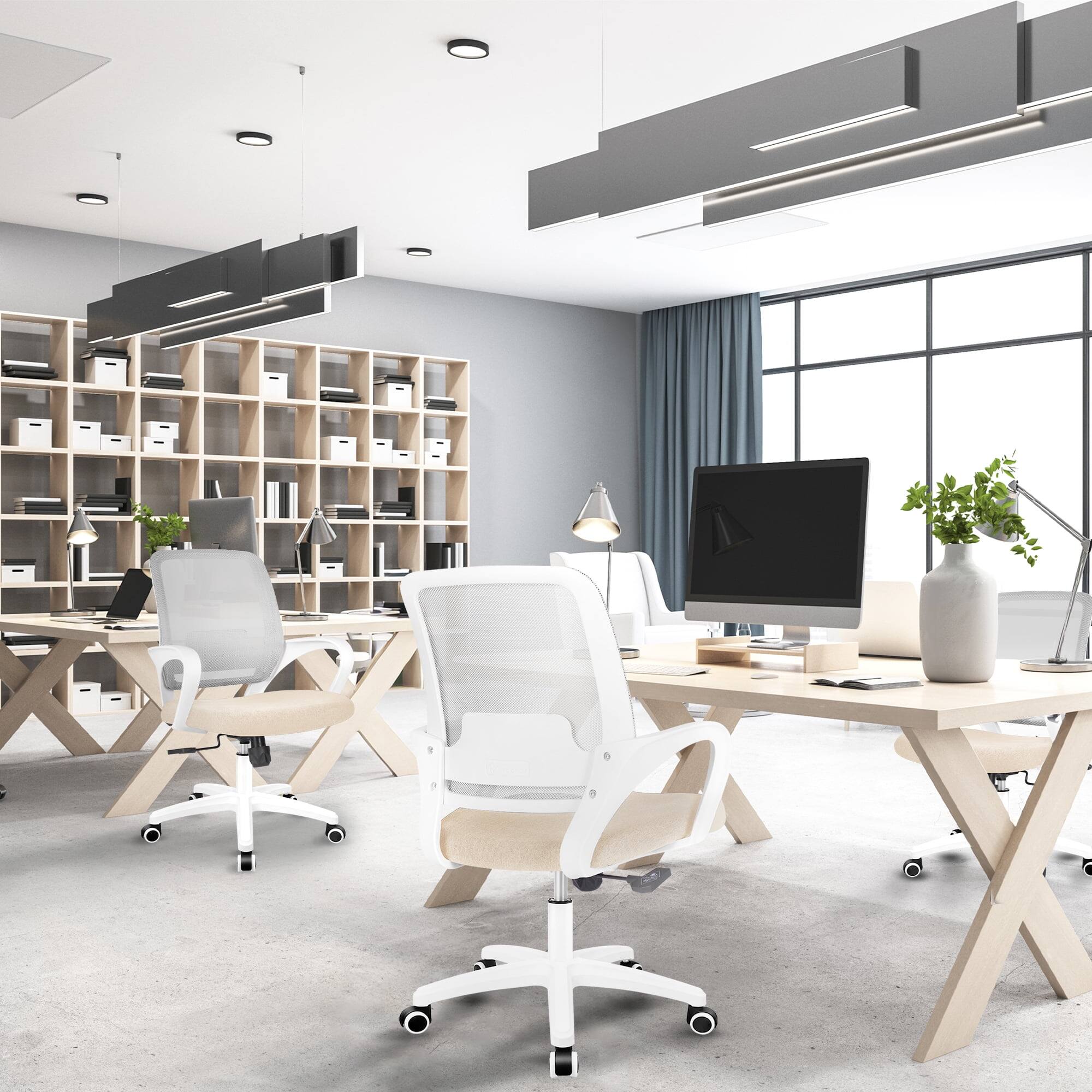 Left. Neo Chair - Office Desk Ergonomic Computer Mesh Chair with Lumbar Mid Back Support Rolling Wheels Comfy Task Vanity Chair for Home - Beige.