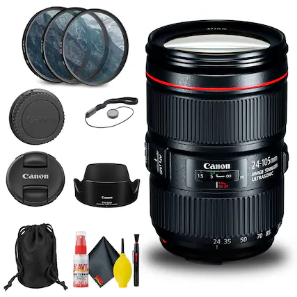 Canon EF 24-105mm f/4L IS USM Lens
- Image Stabilizer
- Ultrasonic
- 24-35-50-70-85
- 1.5 5 8
- 24 35 50 70 85
- Canon Lens Cap
- Canon Lens Hood (EW-83M)
- Canon Lens Cap
- Cleaning Kit (SAVE Lens Cleaner, Microfiber Cloth, Air Blower)
- Lens Bag