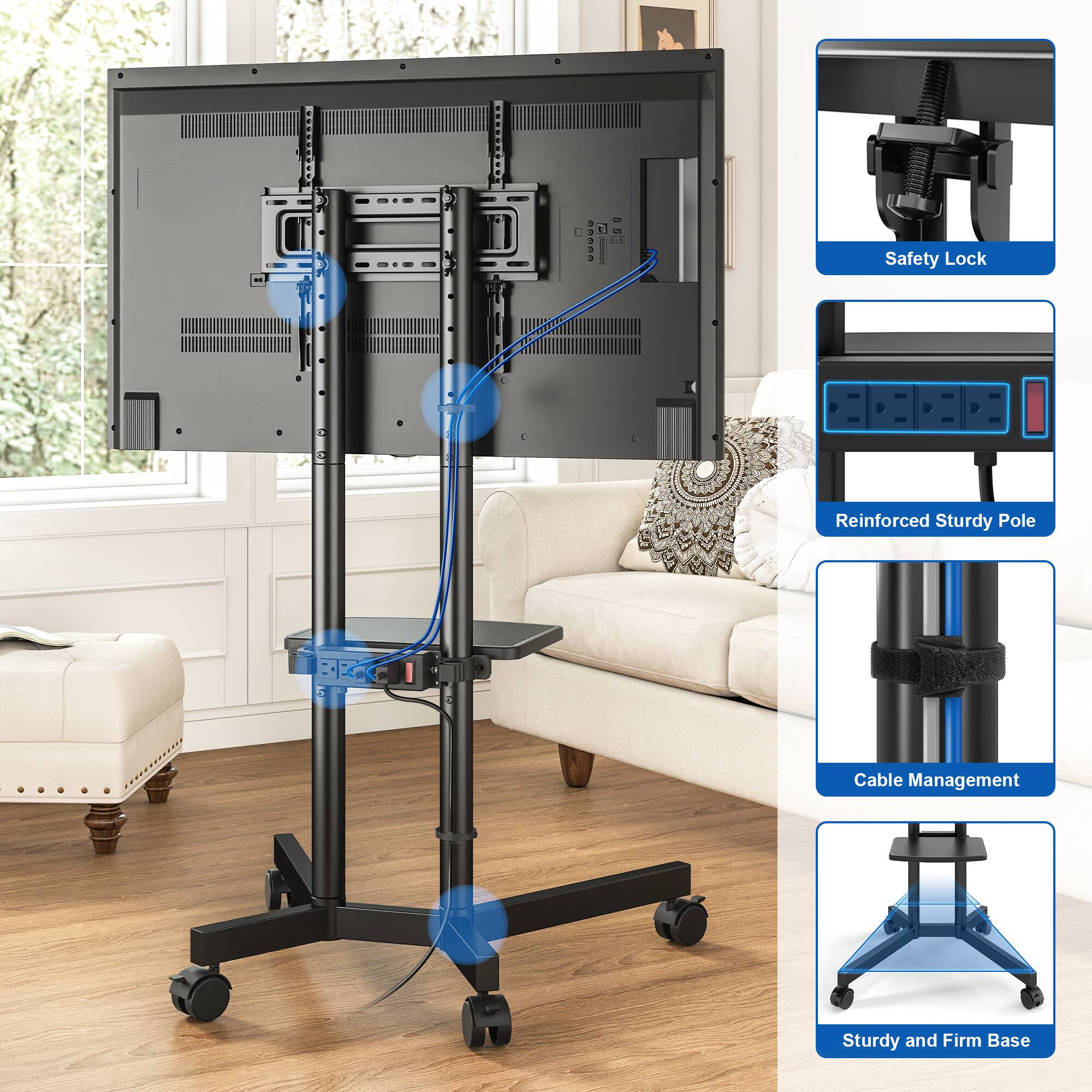 - Safety Lock
- Reinforced Sturdy Pole
- Cable Management
- Sturdy and Firm Base