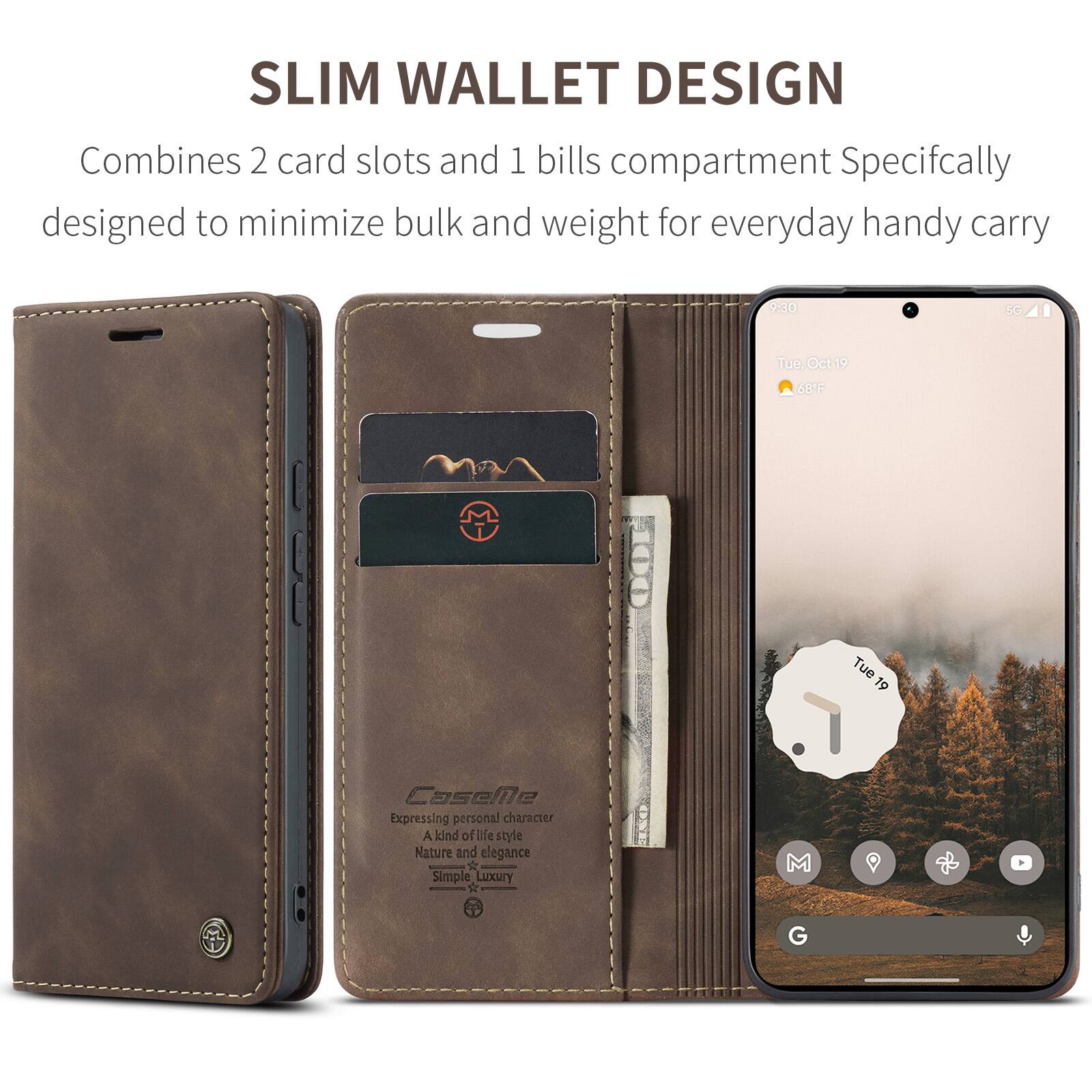 SLIM WALLET DESIGN  
Combines 2 card slots and 1 bills compartment  
Specifically designed to minimize bulk and weight for everyday handy carry  

9:30  
5G  
Tue, Oct 19  
68°F  
Tue 19  

CaseMe  
Expressing personal character  
A kind of life style  
Nature and elegance  
Simple Luxury