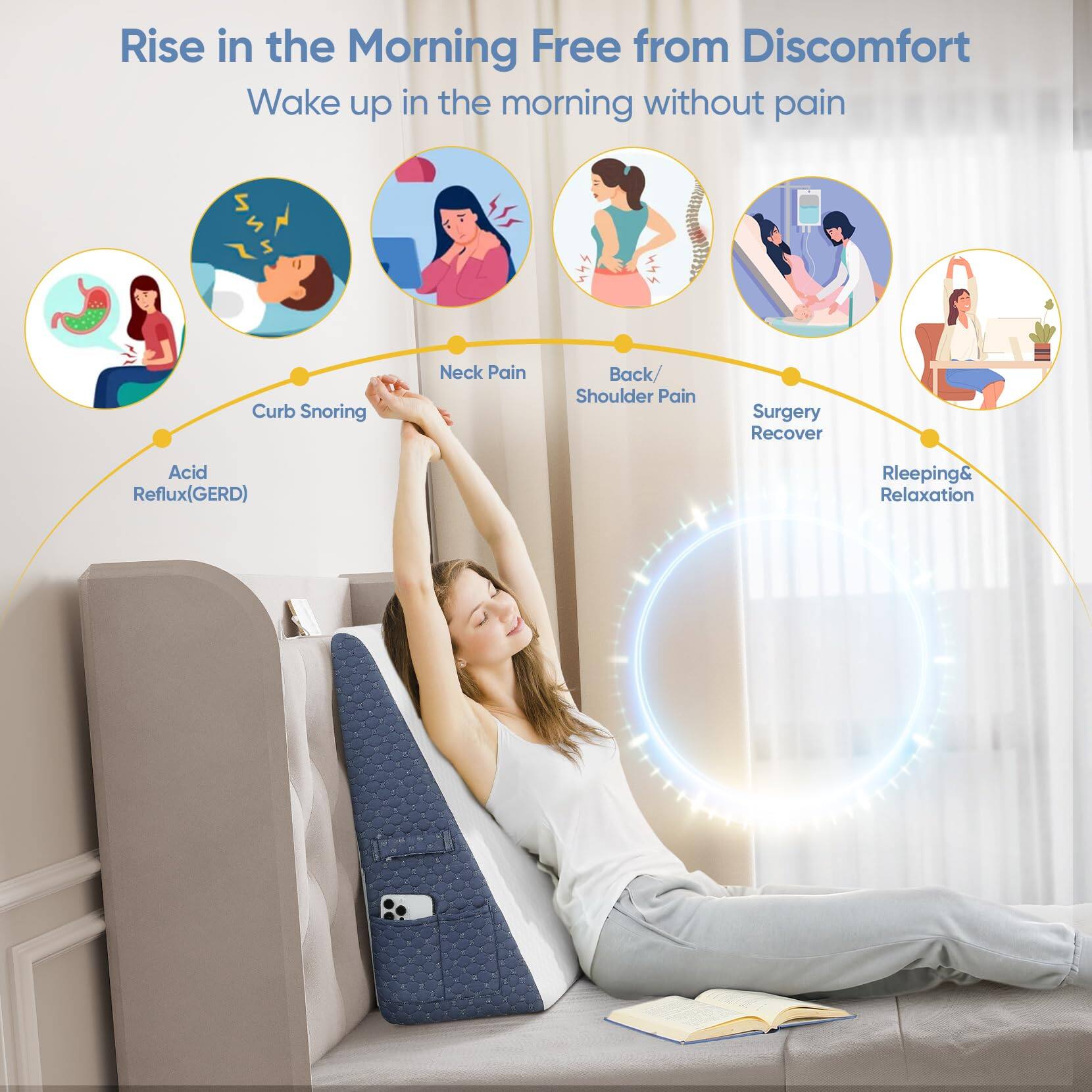 Rise in the Morning Free from Discomfort  
Wake up in the morning without pain  

- Acid Reflux (GERD)  
- Curb Snoring  
- Neck Pain  
- Back/Shoulder Pain  
- Surgery Recover  
- Sleeping & Relaxation