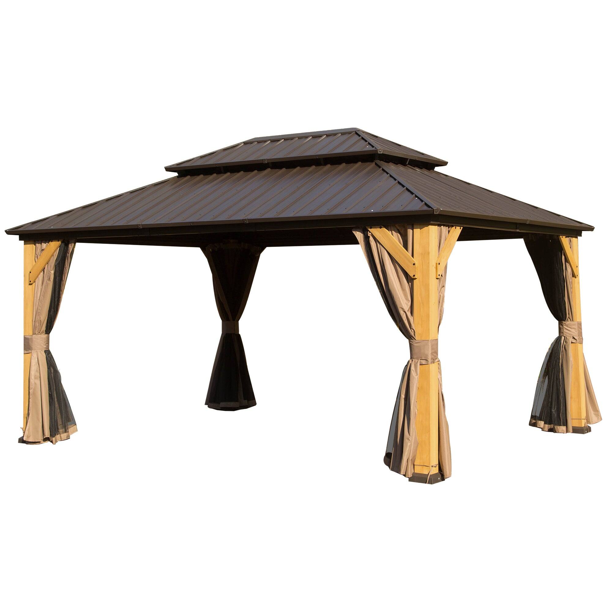 Front. Boyel Living - 10x14 FT Cedar Wood Hardtop Gazebo Galvanized Steel Double Roof Curtains Netting for Patio Backyard - Brown.