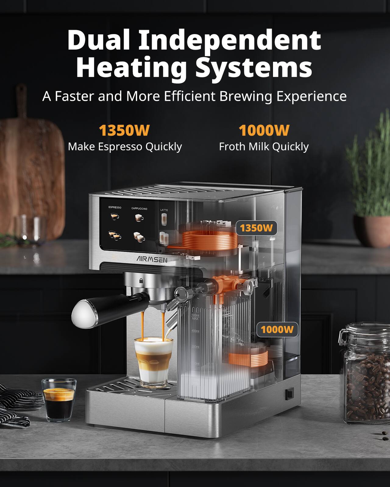 Dual Independent Heating Systems  
A Faster and More Efficient Brewing Experience  

1350W  
Make Espresso Quickly  

1000W  
Froth Milk Quickly  

ESPRESSO  
CAPPUCCINO  
LATTE  

AIRSEN  

1350W  
1000W