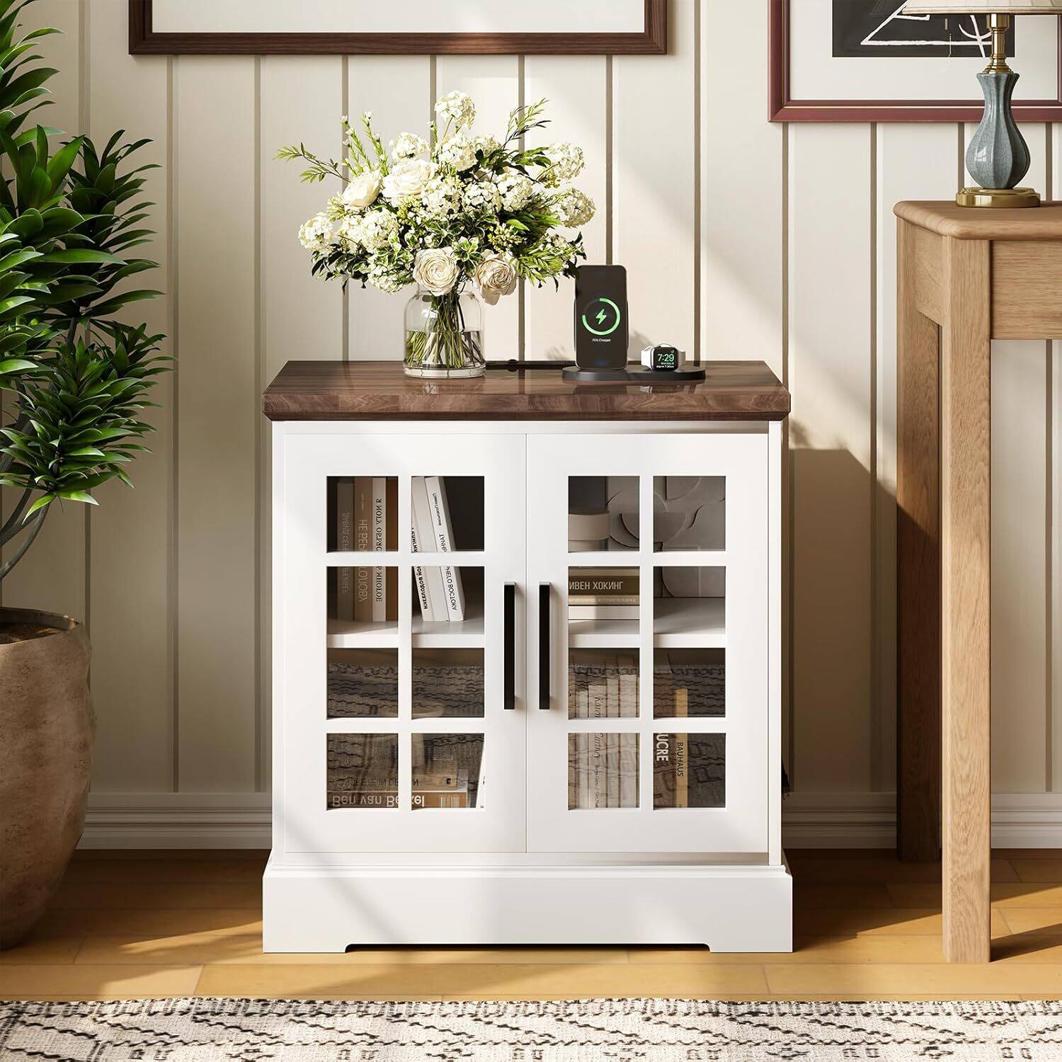 GARVEE - Farmhouse Nightstand with Charging Station, 24 Inch End Table with Tempered Glass Doors & Adjustable Shelf - White