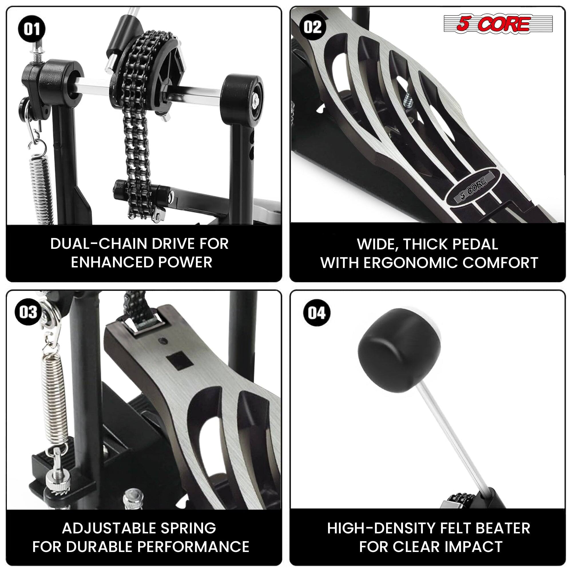 01 02 5 CORE DUAL-CHAIN DRIVE FOR ENHANCED POWER  
03 04 3 ADJUSTABLE SPRING FOR DURABLE PERFORMANCE  
HIGH-DENSITY FELT BEATER FOR CLEAR IMPACT