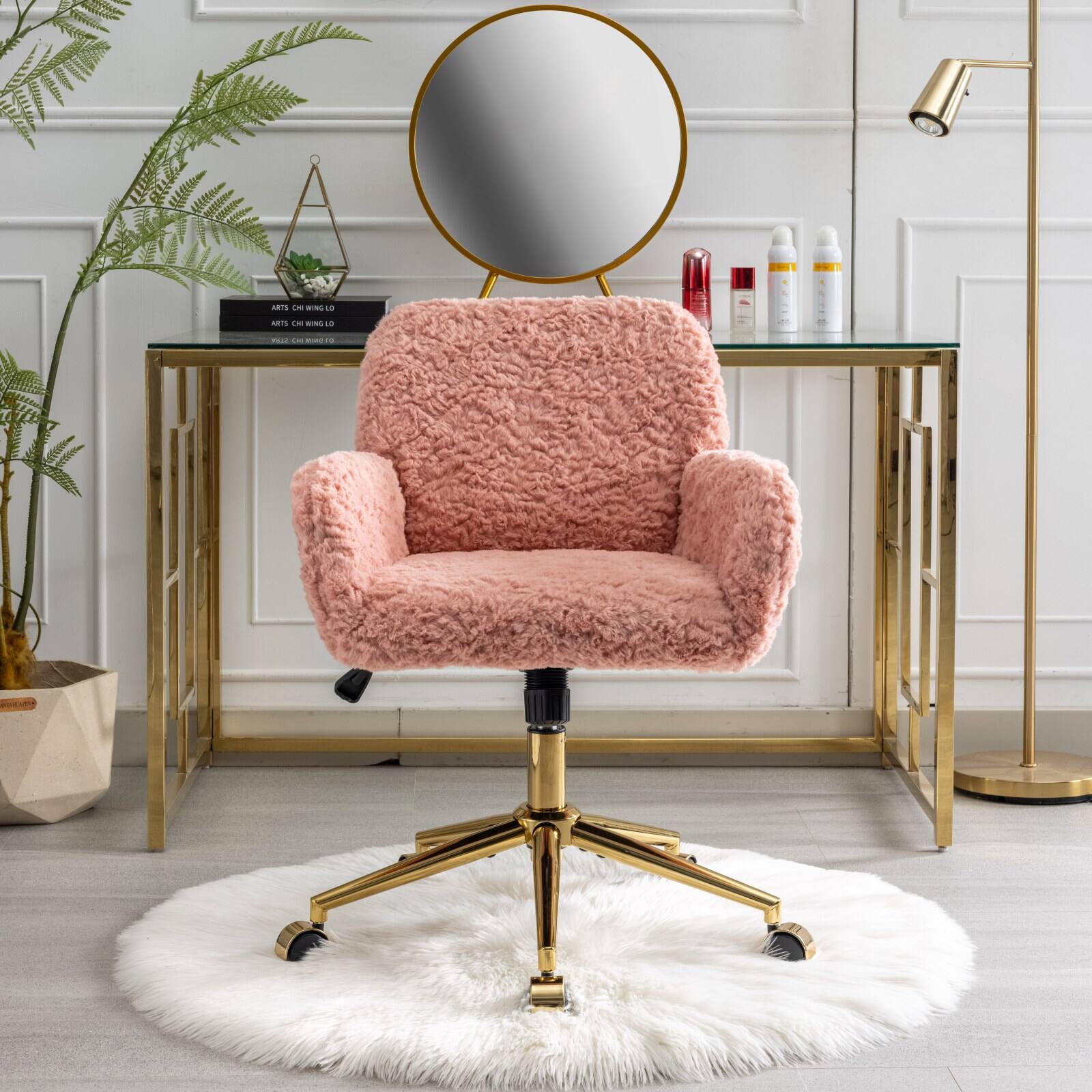 GOODSILO - Premium Adjustable Swivel Office Chair with Golden Metal Base and Plush Velvet Upholstery for Home or Office Use - Pink