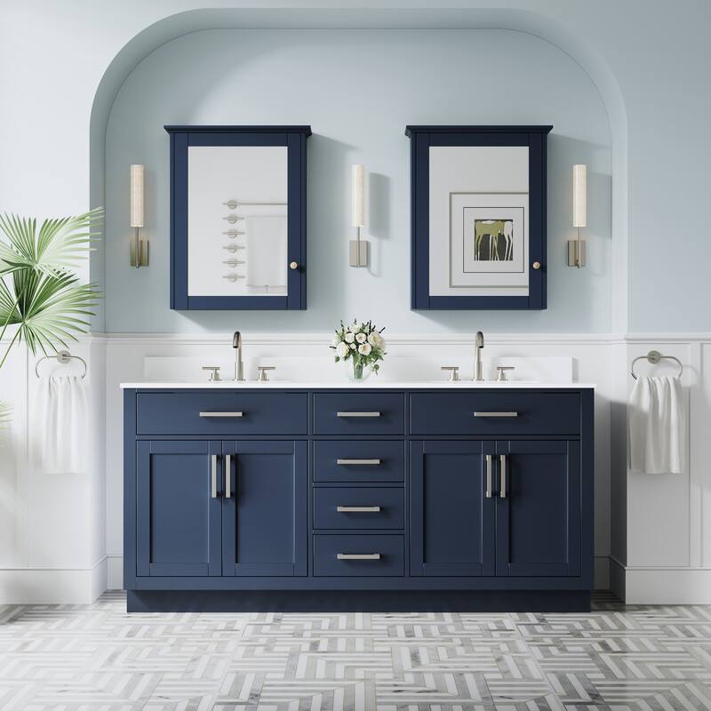Back. WELLFOR - 72 in Solid Wood Bathroom Vanity with Double Sink,4 Doors,6 Drawers& Cultured Marble Countertop,Brushed Nickel Handle - Navy Blue.