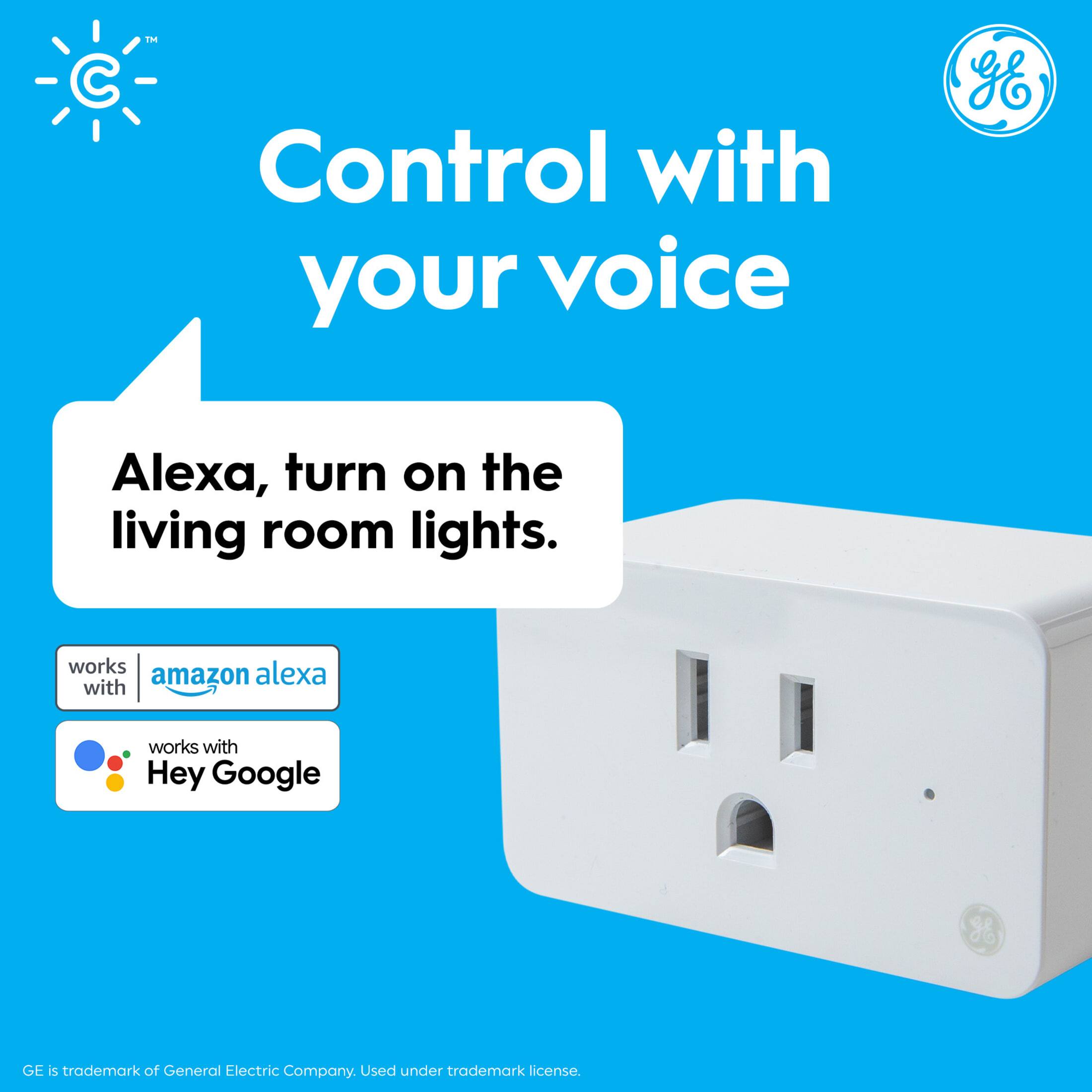 Control your voice with Alexa, turn on the living room lights. Works with Alexa and Hey Google. GE is a trademark of the General Electric Company, used under trademark license.