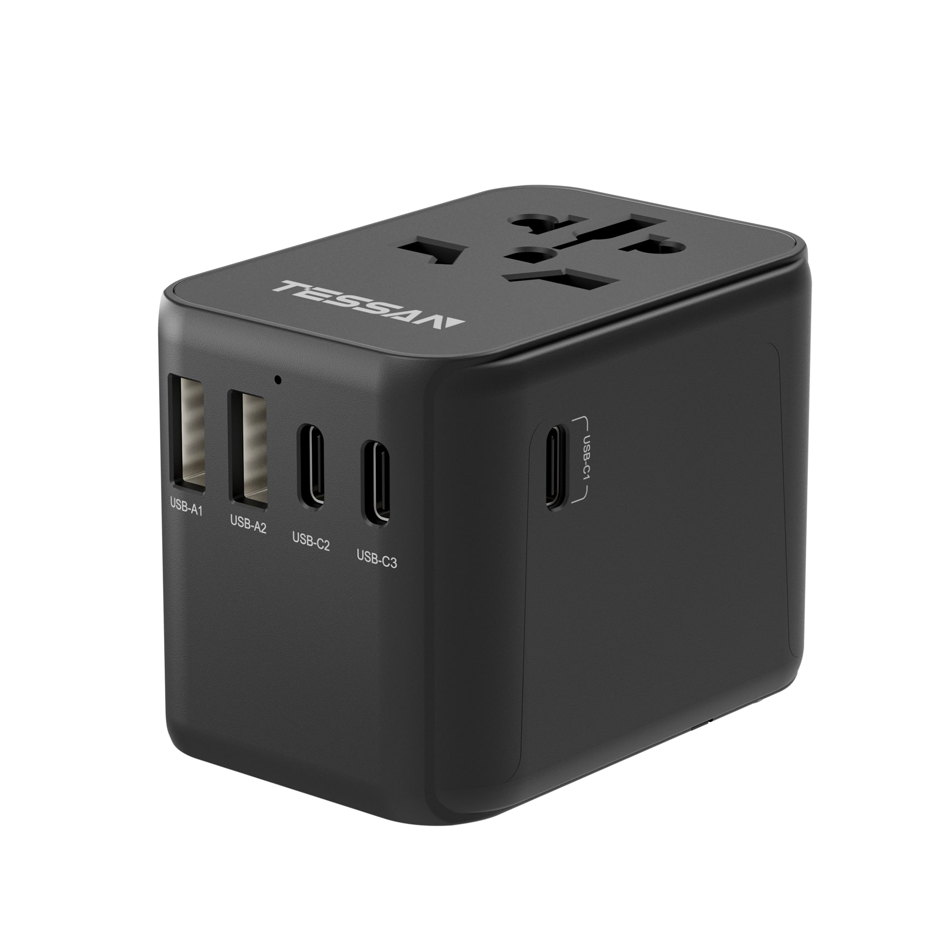 TESSAN - Fast Charging PD 28W International Travel Plug Adaptor With 3 USB-C & 2 USB Ports - Black