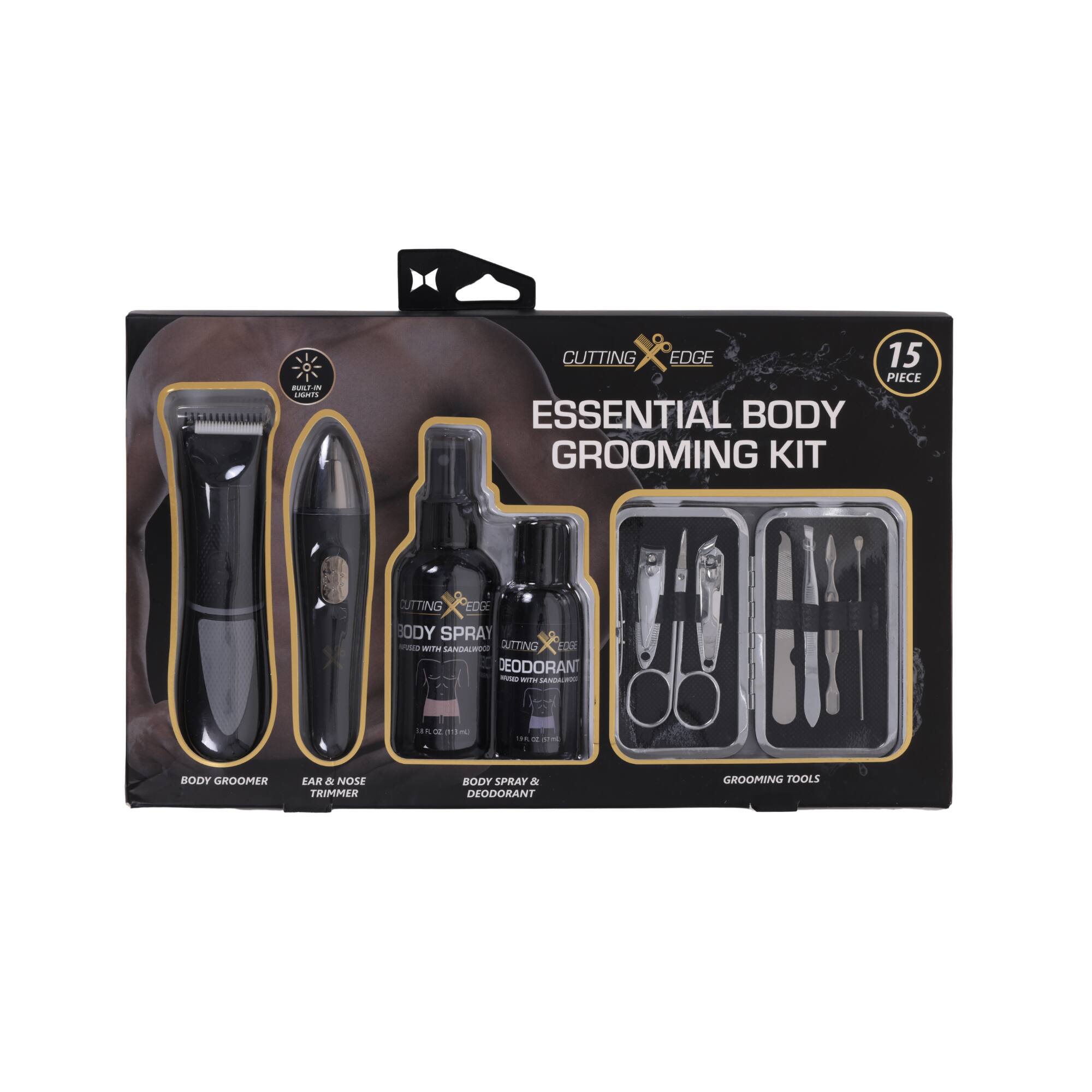 CUTTING EDGE 15 PIECE ESSENTIAL BODY GROOMING KIT  
BODY SPRAY  
BODY GROOMER  
EAR & NOSE TRIMMER  
BODY SPRAY & DEODORANT  
GROOMING TOOLS