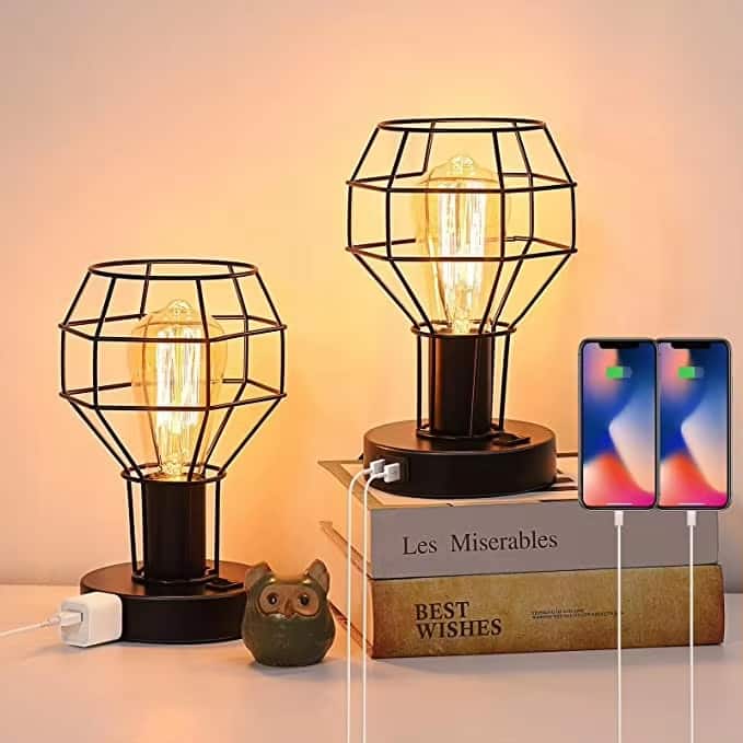 Luckbyte - Vintage Industrial Table Lamp with USB Port and Power Outlet Small Desk Lamp for Bedroom Nightstand Living Room 2 Pack