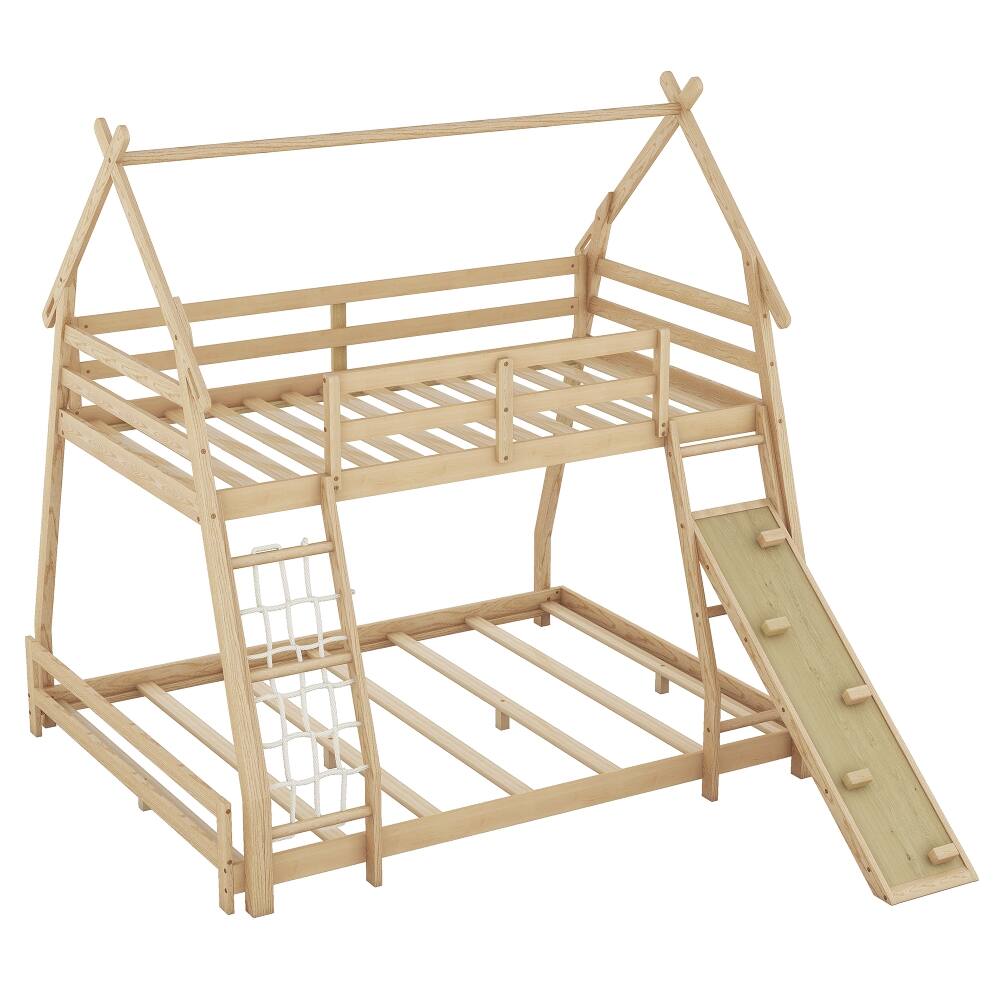 Alt View 10. Loheer - Loheer Twin Over Queen House Bunk Bed with Climbing Net Ramp Natural - Natural.