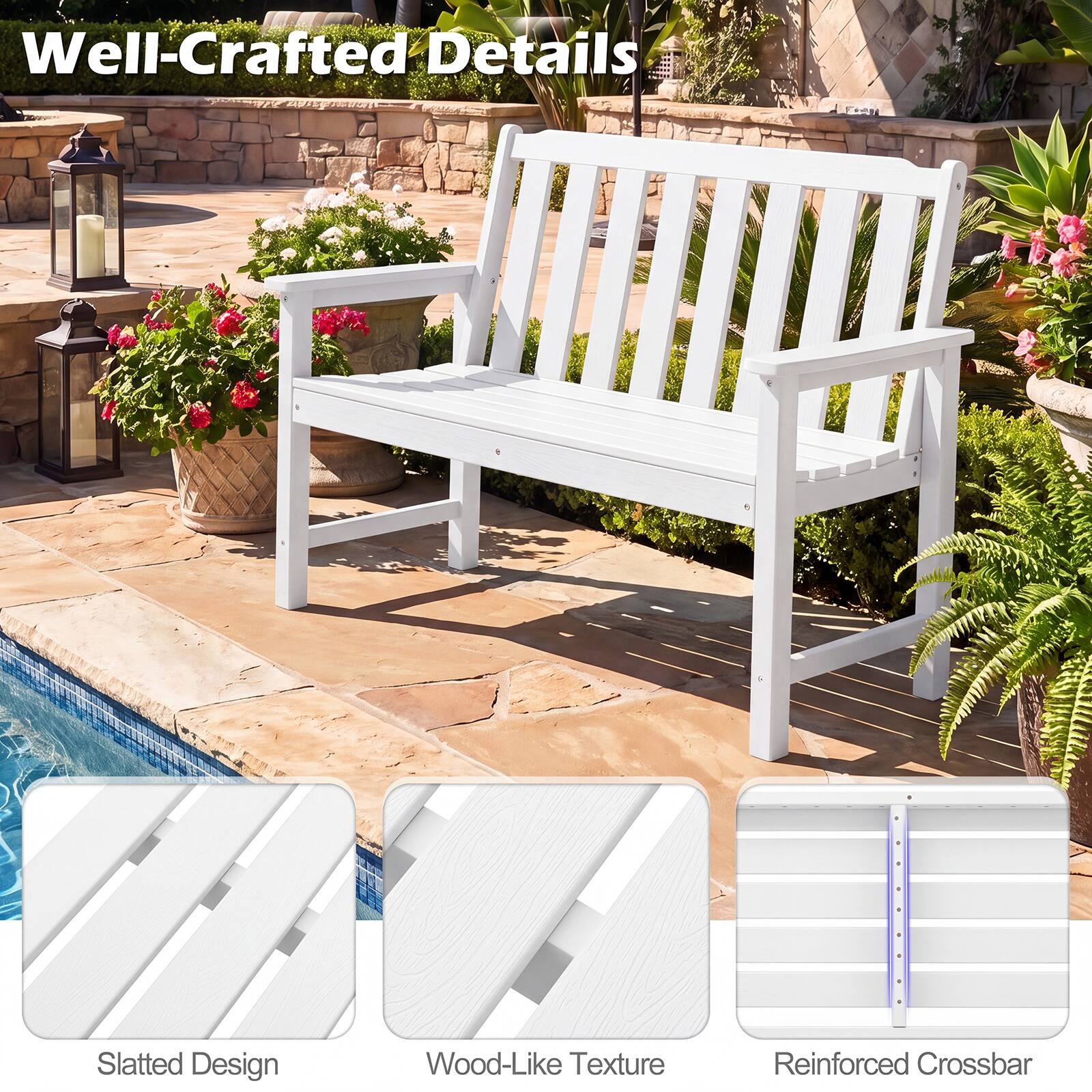Well-Crafted Details

Slatted Design

Wood-Like Texture

Reinforced Crossbar
