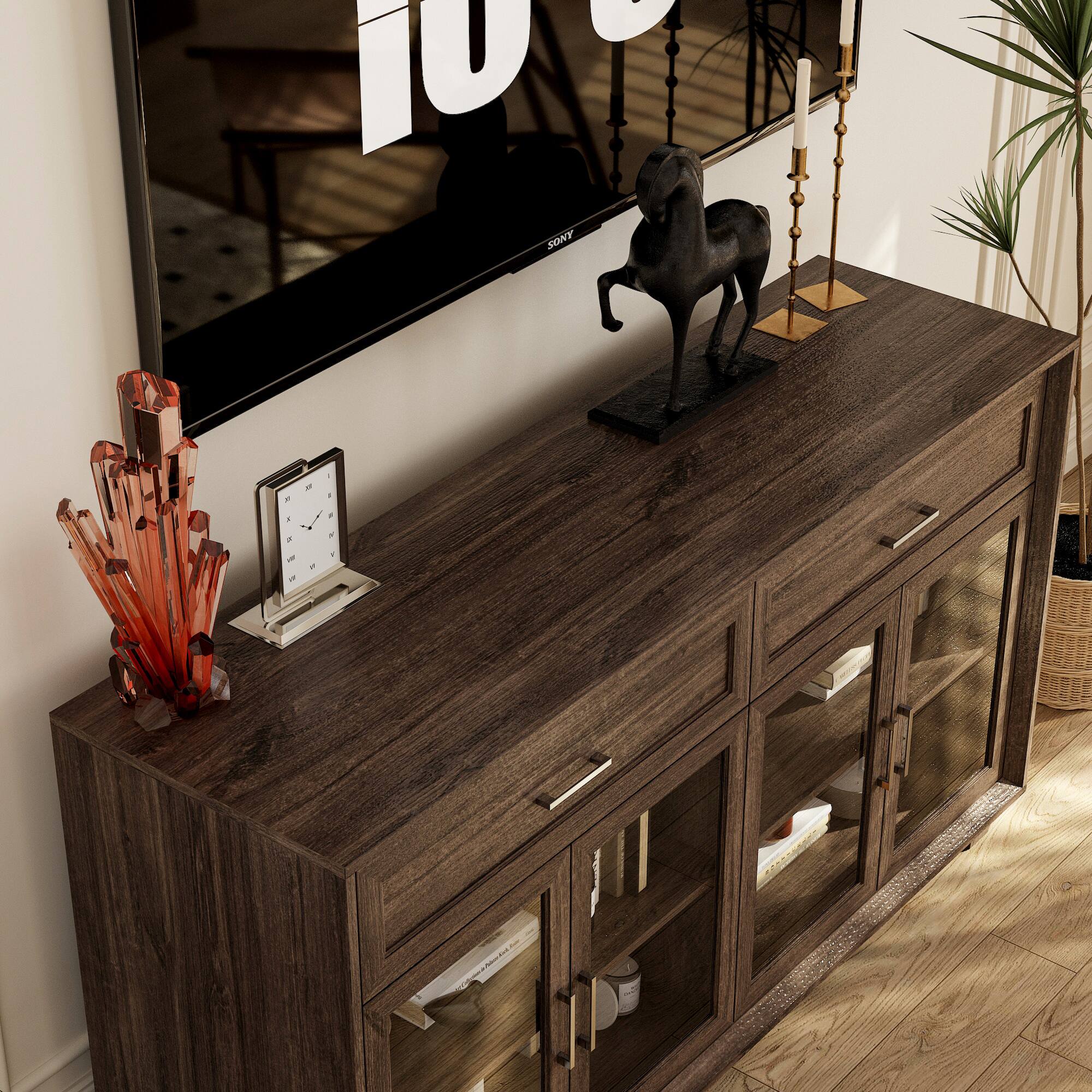 Alt View 5. Famapy - Famapy Wood - Grain Glass - Door Storage & Display Cabinet：Elevate Your Home with Timeless Charm - Brown.