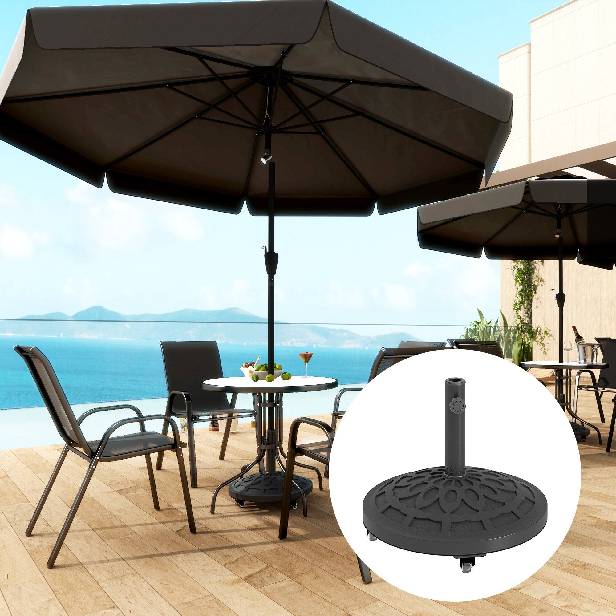 Angle. Outsunny - Round Patio Umbrella Base with Wheels, 46 lbs Resin Umbrella Stand Base, Heavy Duty Patio Umbrella Holder - Black.