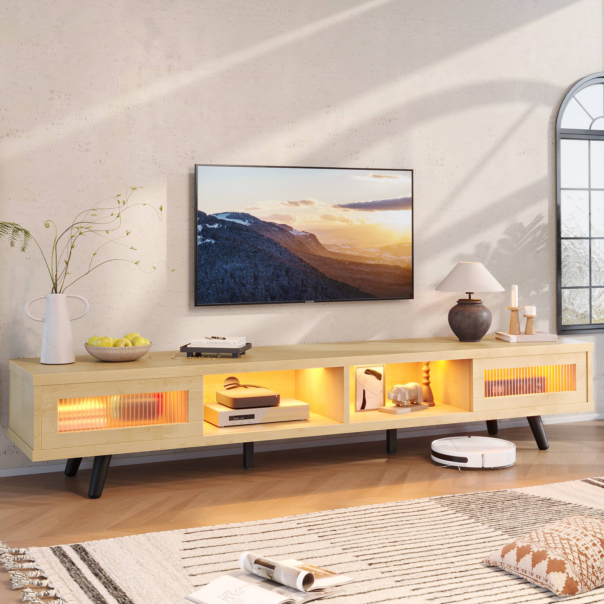 Left. Bestier - 70" LED TV Stand Mid-Century Modern Gaming Entertainment Center with Sliding Glass Door - White Maple.
