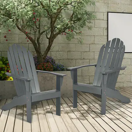 Front. Gymax - Gymax 2PCS Wooden Classic Adirondack Chair Lounge Chair Outdoor Patio Grey - Grey.