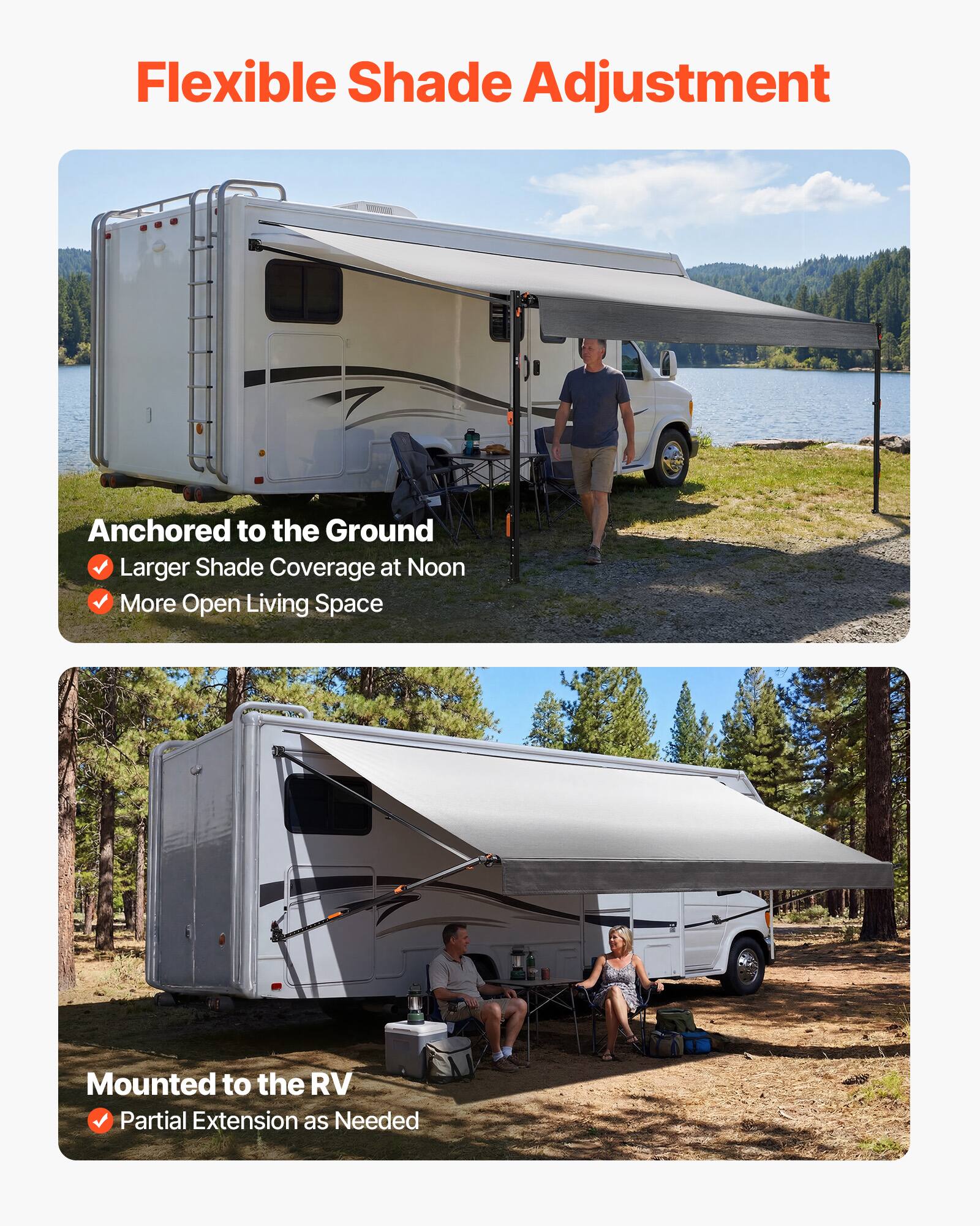 Flexible Shade Adjustment

- Anchored to the Ground
  - Larger Shade Coverage at Noon
  - More Open Living Space

- Mounted to the RV
  - Partial Extension as Needed