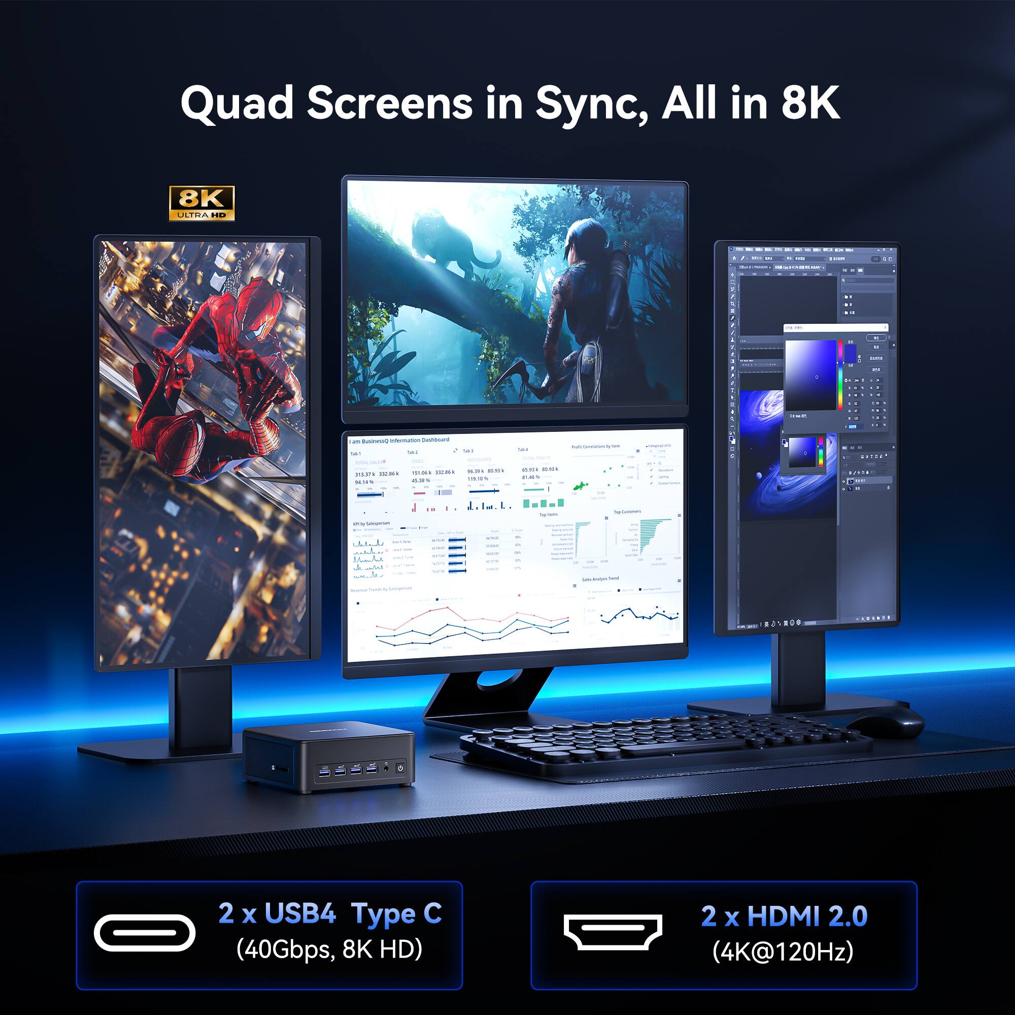 Quad Screens in Sync, All in 8K

8K NTDA

2 x USB4 Type C (40Gbps, 8K HD)

2 x HDMI 2.0 (4K@120Hz)