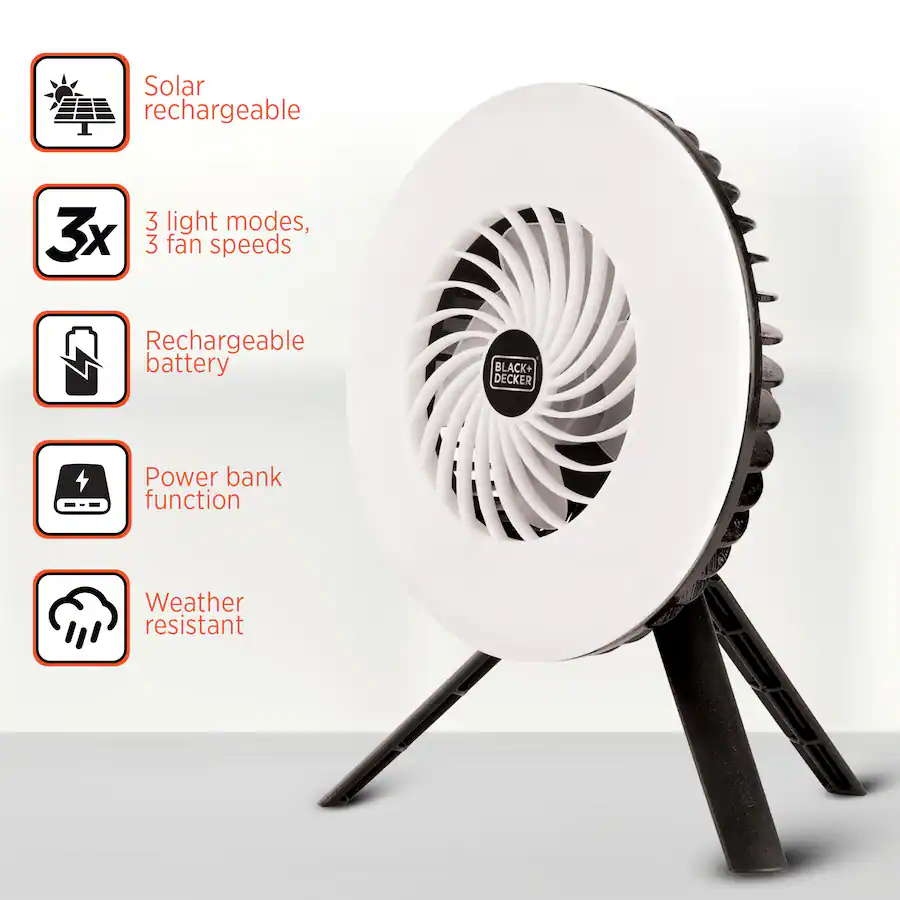 Solar Blaster Fans Black+Decker 400 Lumen Solar Camping Fan & LED Light, Rechargeable ...