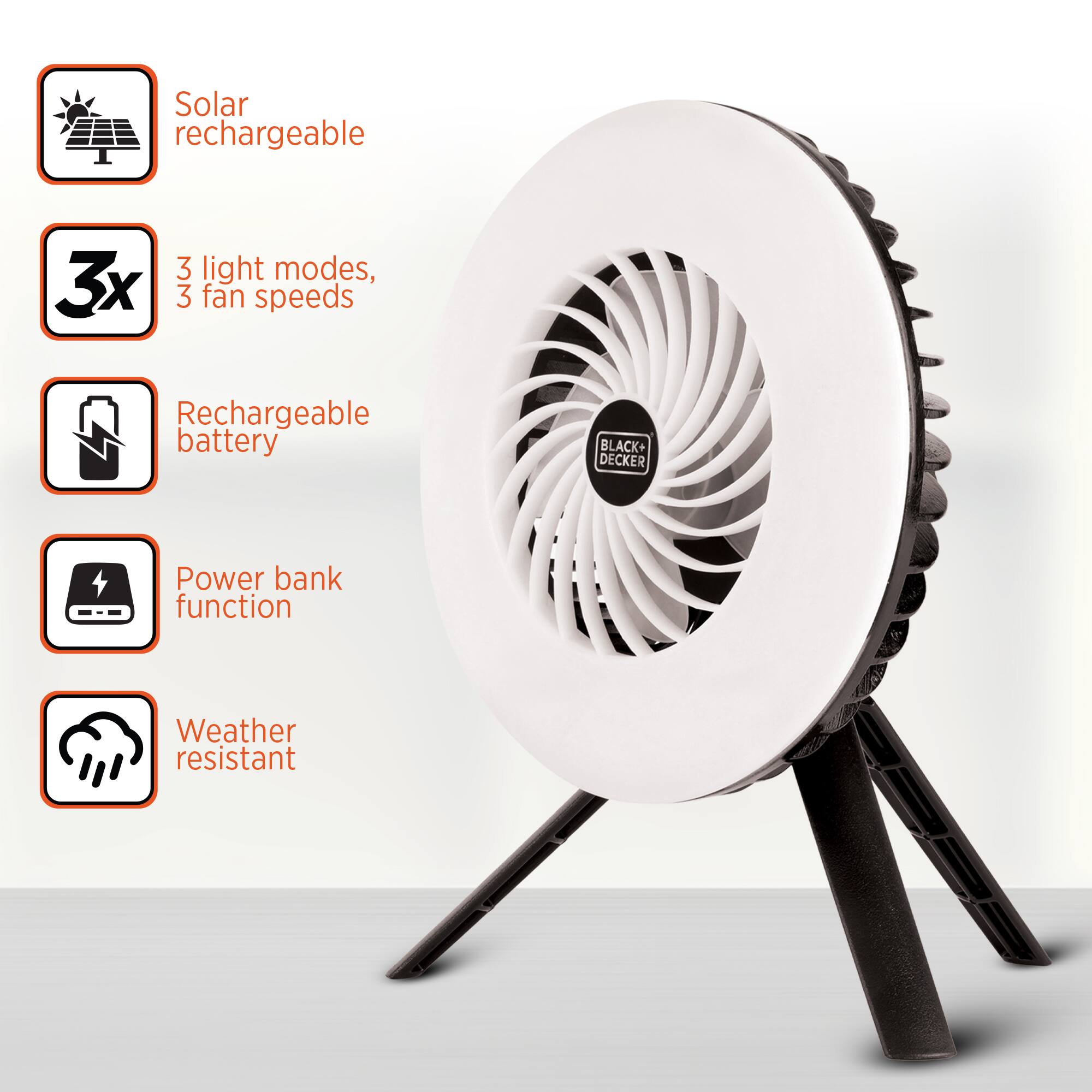 Black+Decker 400 Lumen Solar Camping Fan & LED Light, Rechargeable ...
