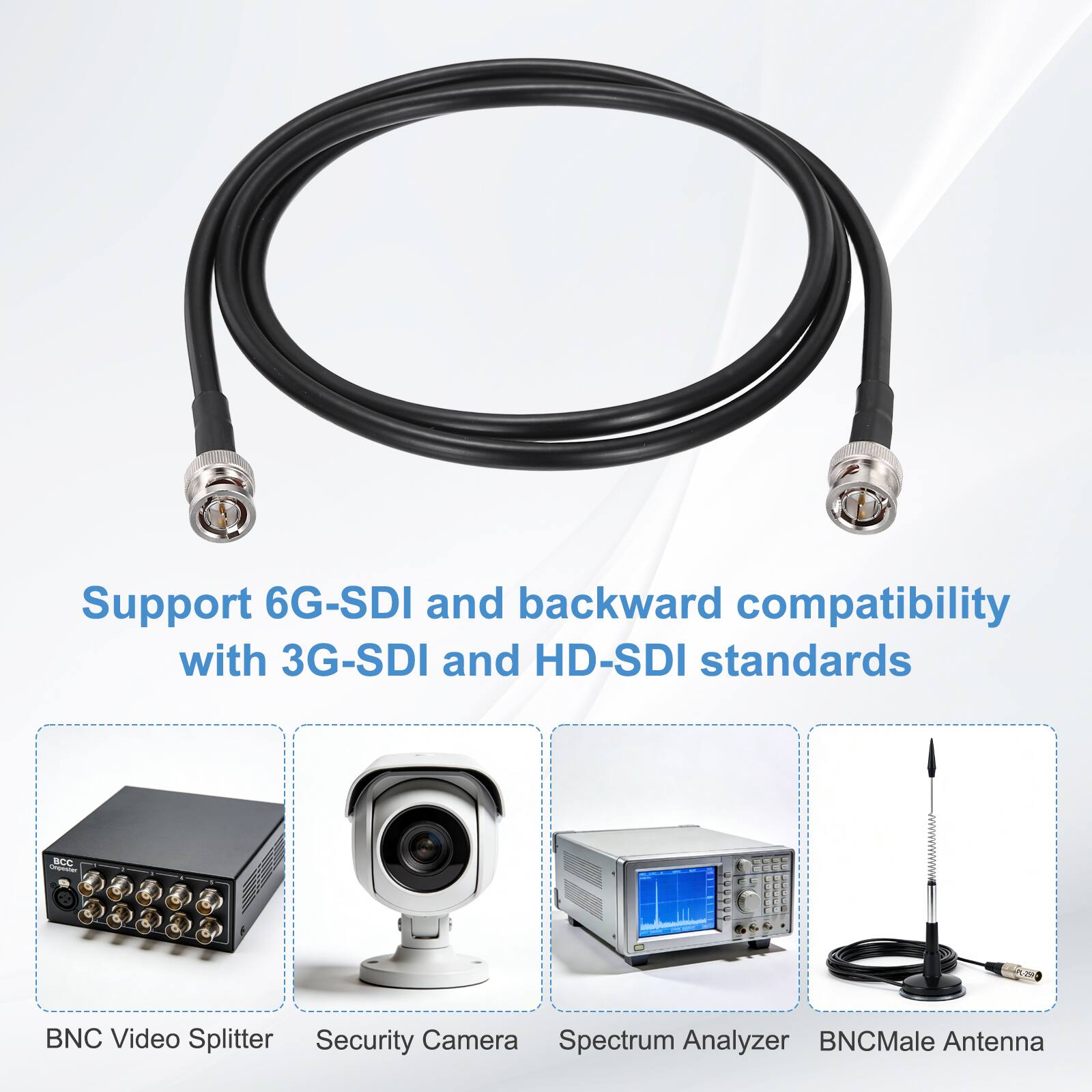 Support 6G-SDI and backward compatibility with 3G-SDI and HD-SDI standards

- BNC Video Splitter
- Security Camera
- Spectrum Analyzer
- BNC Male Antenna