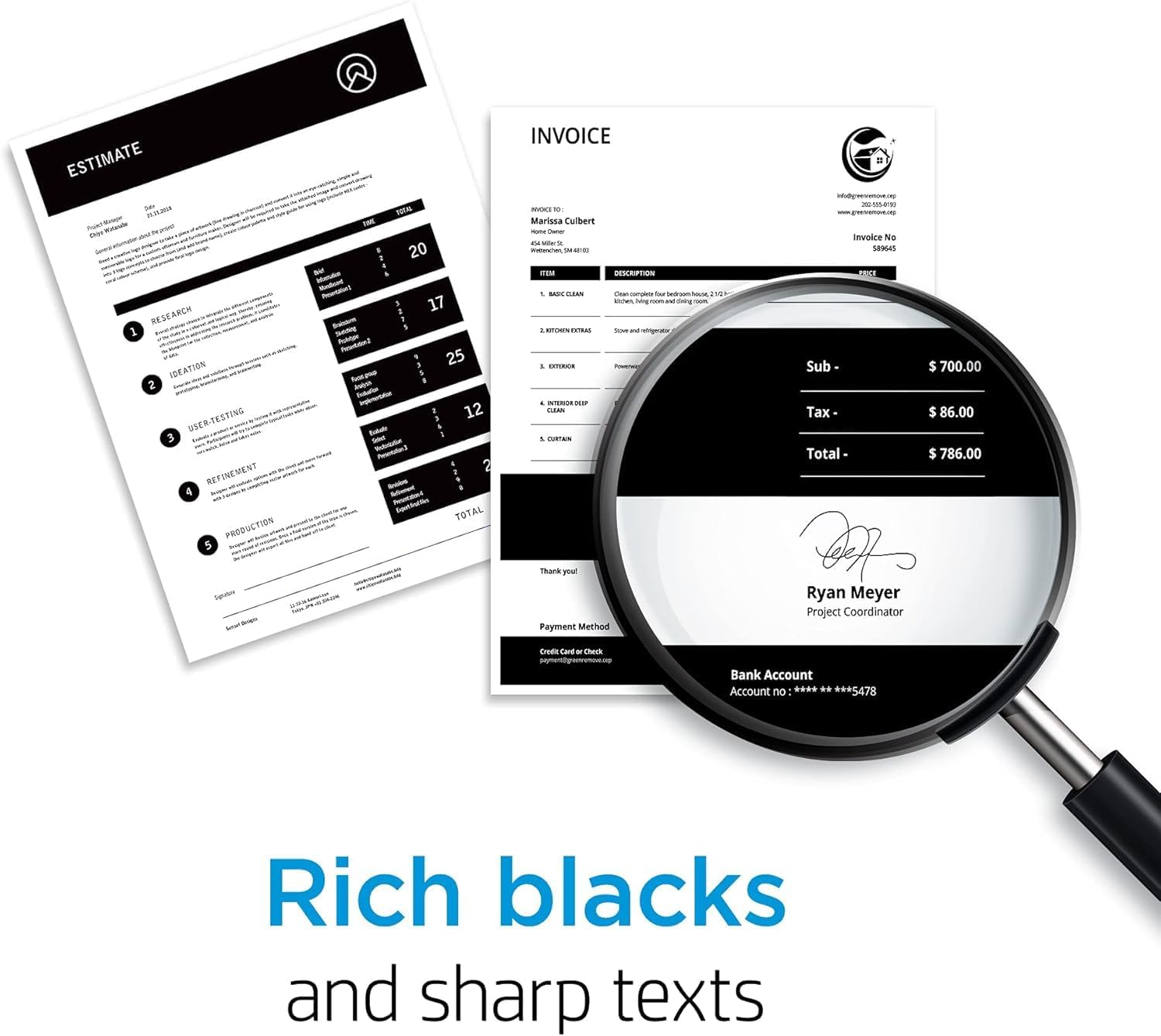 ESTIMATE

1. RESEARCH
   - IDEATION
   - USER-TESTING
   - REFINEMENT
   - PRODUCTION

   1. IDEATION
      - 20

   2. USER-TESTING
      - 17

   3. REFINEMENT
      - 25

   4. PRODUCTION
      - 12

   TOTAL

INVOICE

INVOICE NO: 58945

Marissa Culbert
North Denver
12345 Main St.
Denver, CO 80203
Email: marissa@culbert.com
Phone: 555-555-5555

DESCRIPTION

1. BASIC RESEARCH
   - 20

2. IDEATION
   - 25

3. USER-TESTING
   - 17

4. REFINEMENT
   - 12

5. PRODUCTION
   - 25

Sub - $700.00
Tax - $86.00
Total - $786.00

Thank you!

Payment Method
- Credit Card
- Check