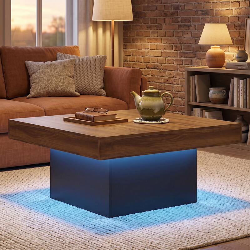 Alt View 3. WELLFOR - 35.5" Square Coffee Table with LED Lights and Dynamic Modes, Modern Thick Tabletop Wooden Center Table - Rustic Brown.