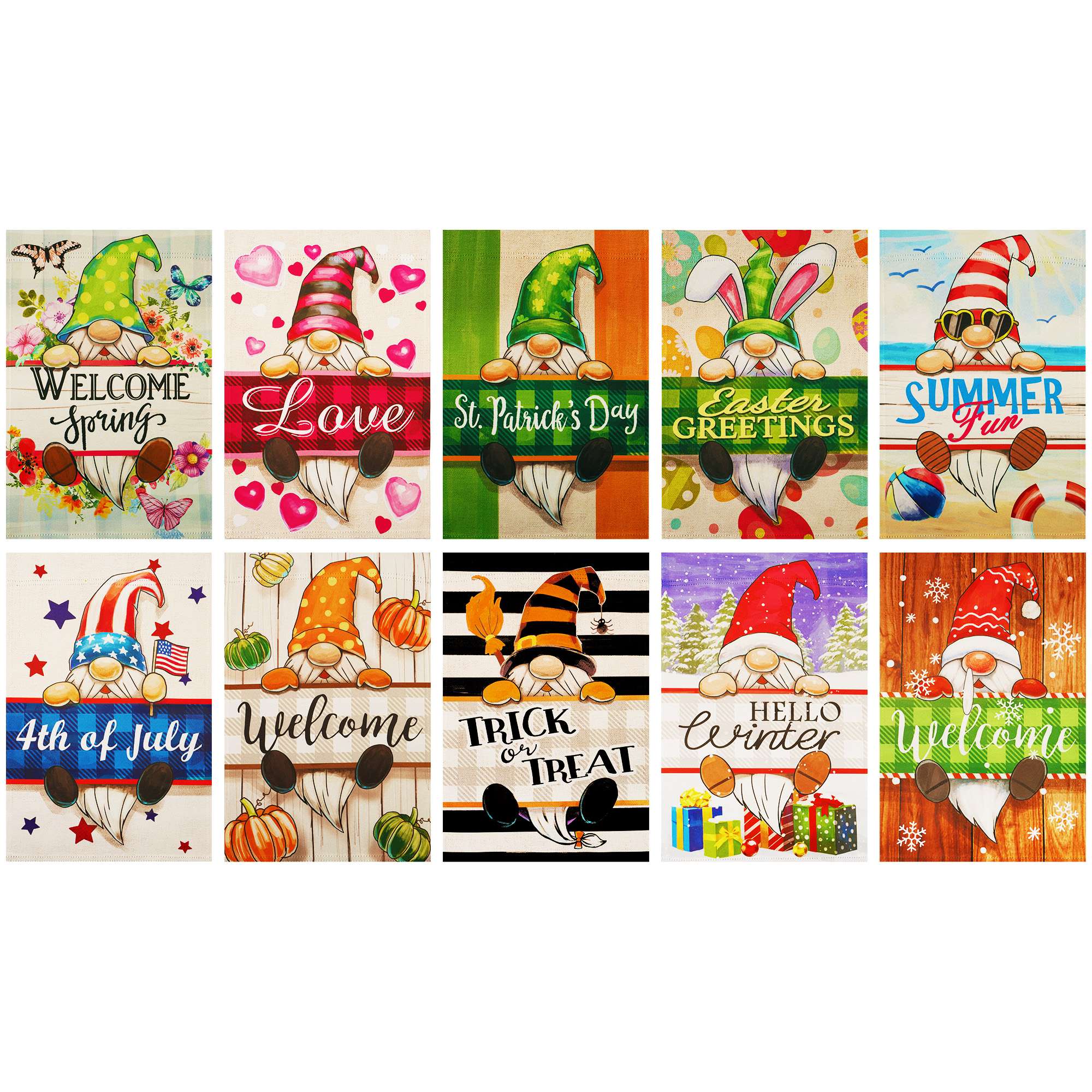 G128 - Holiday Gnomes 10pc Garden Flag Set 12x18 in Double-Sided All-Season Yard Decor - Multicolor
