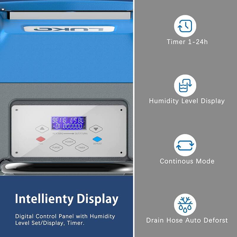 Sure, here is the corrected and grouped text:

---

**Intelligent Display**

Digital Control Panel with Humidity Level Set/Display, Timer.

- Timer 1-24h
- Humidity Level Display
- Continuous Mode
- Drain Hose Auto Defrost

---

**Features:**

- Timer 1-24h
- Humidity Level Display
- Continuous Mode
- Drain Hose Auto Defrost

---

**Display:**

- 32.78 25.80
- 01 00000000

**Buttons:**

- FILL
- PURGE
- POWER
- TIMER
- DEFROST

**Icons:**

- INHUMID
- OUTHUMID

---