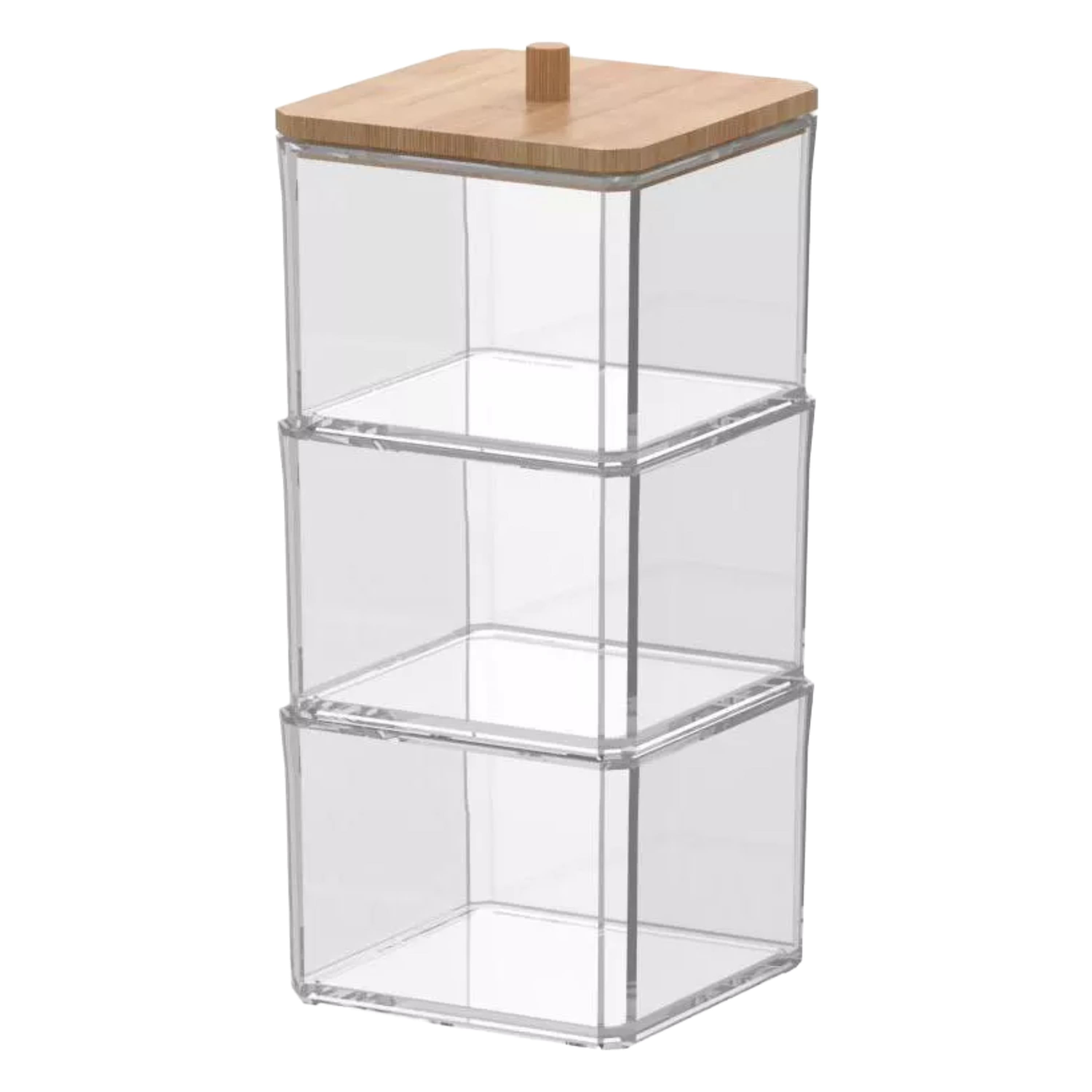 Elle - Cotton Swab & Ball Holder with Bamboo Lid, 3 Tier Nonslip Acrylic Q-tip Dispenser & Jewelry Storage, Vanity Essentials - Clear/Natural Bamboo