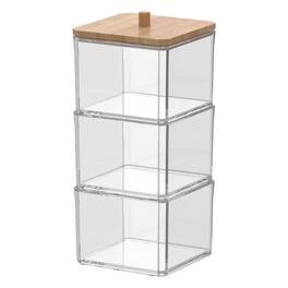 Elle - Cotton Swab & Ball Holder with Bamboo Lid, 3 Tier Nonslip Acrylic Q-tip Dispenser & Jewelry Storage, Vanity Essentials - Clear/Natural Bamboo