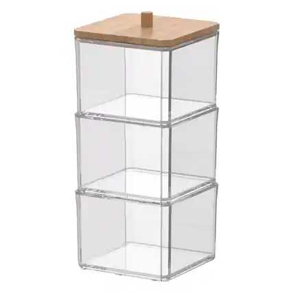 Front. Elle - Cotton Swab & Ball Holder with Bamboo Lid, 3 Tier Nonslip Acrylic Q-tip Dispenser & Jewelry Storage, Vanity Essentials - Clear/Natural Bamboo.