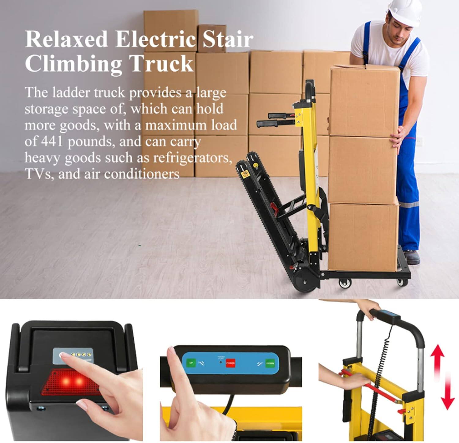 Relaxed Electric Stair Climbing Truck

The ladder truck provides a large storage space, which can hold more goods, with a maximum load of 441 pounds, and can carry heavy goods such as refrigerators, TVs, and air conditioners.