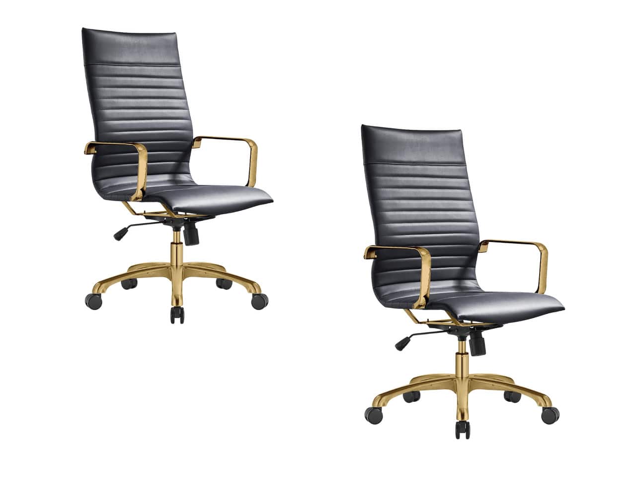 LeisureMod - Set of 2 Harris High-Back Leather Upholstered Office Desk Chair with Gold Stainless Steel Frame and Tilt - Black