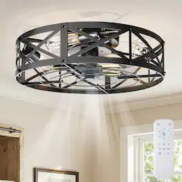 Sweet - 19" Industrial Caged Ceiling Fan with Light and Remote, 6-Speed Reversible DC Motor, Flush Mount Ceiling Fan - Black