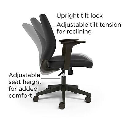 - Upright tilt lock
- Adjustable tilt tension for reclining
- Adjustable seat height for added comfort