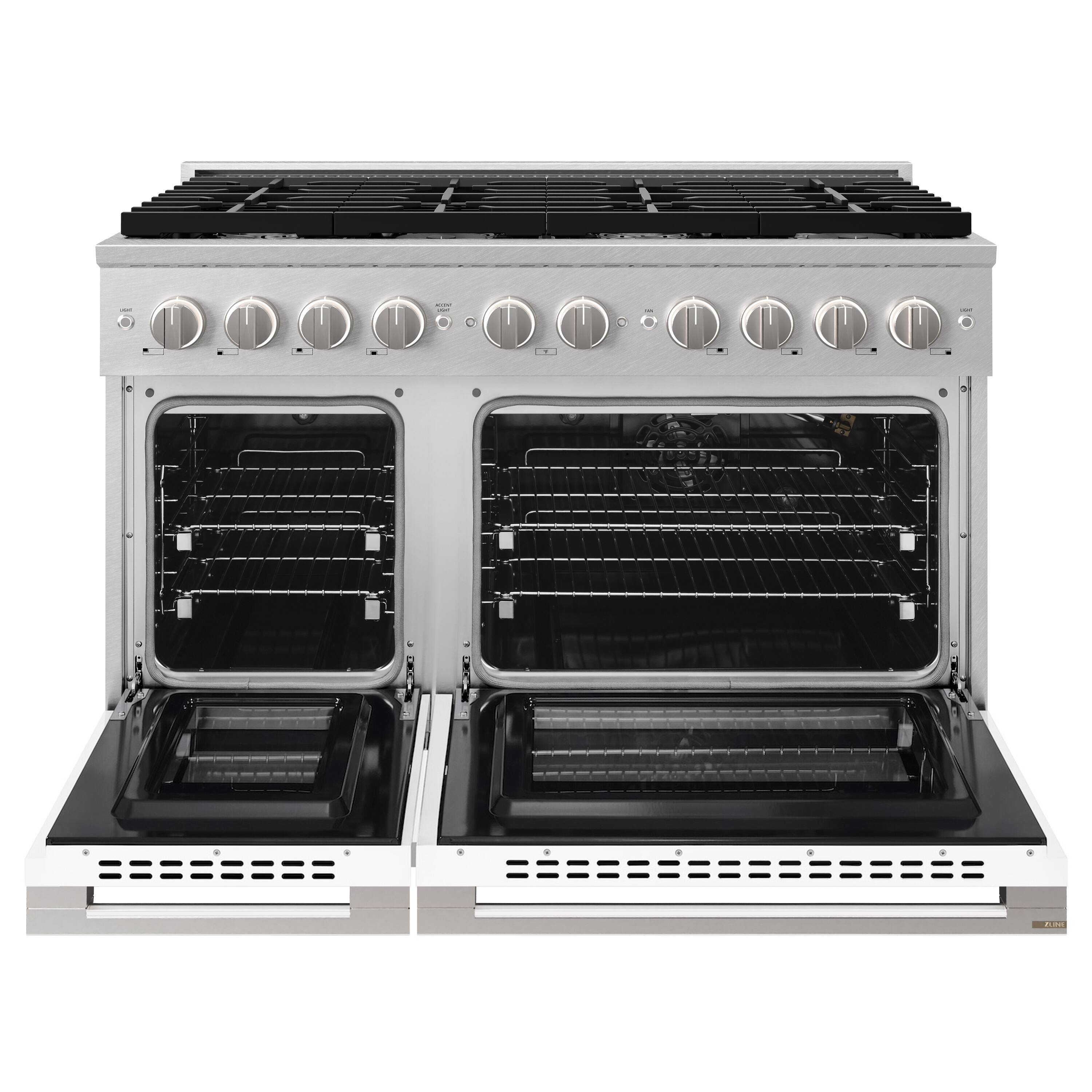 Angle. ZLINE - 48 in. 6.7 cu. ft. Marino Freestanding Double Oven Gas Range with 8 Burners and Convection Oven with White Doors - Satin Stainless Steel.