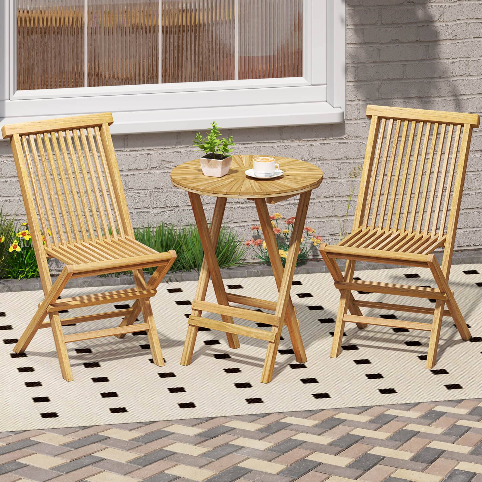 Alt View 1. Costway - Costway 3 PCS Folding Patio Bistro Set Teak Wood Round Table and Chairs Furniture Set - Beige.