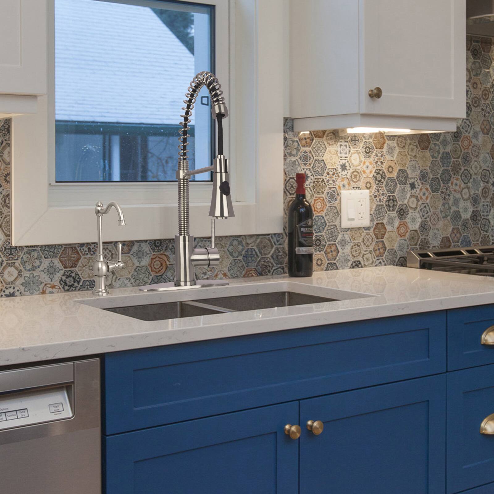 Alt View 7. Akicon - Akicon Pre-Rinse Spring Solid Brass Single Handle Kitchen Faucet with Pull Down Sprayer in Brushed Nickel - Brushed Nickel.