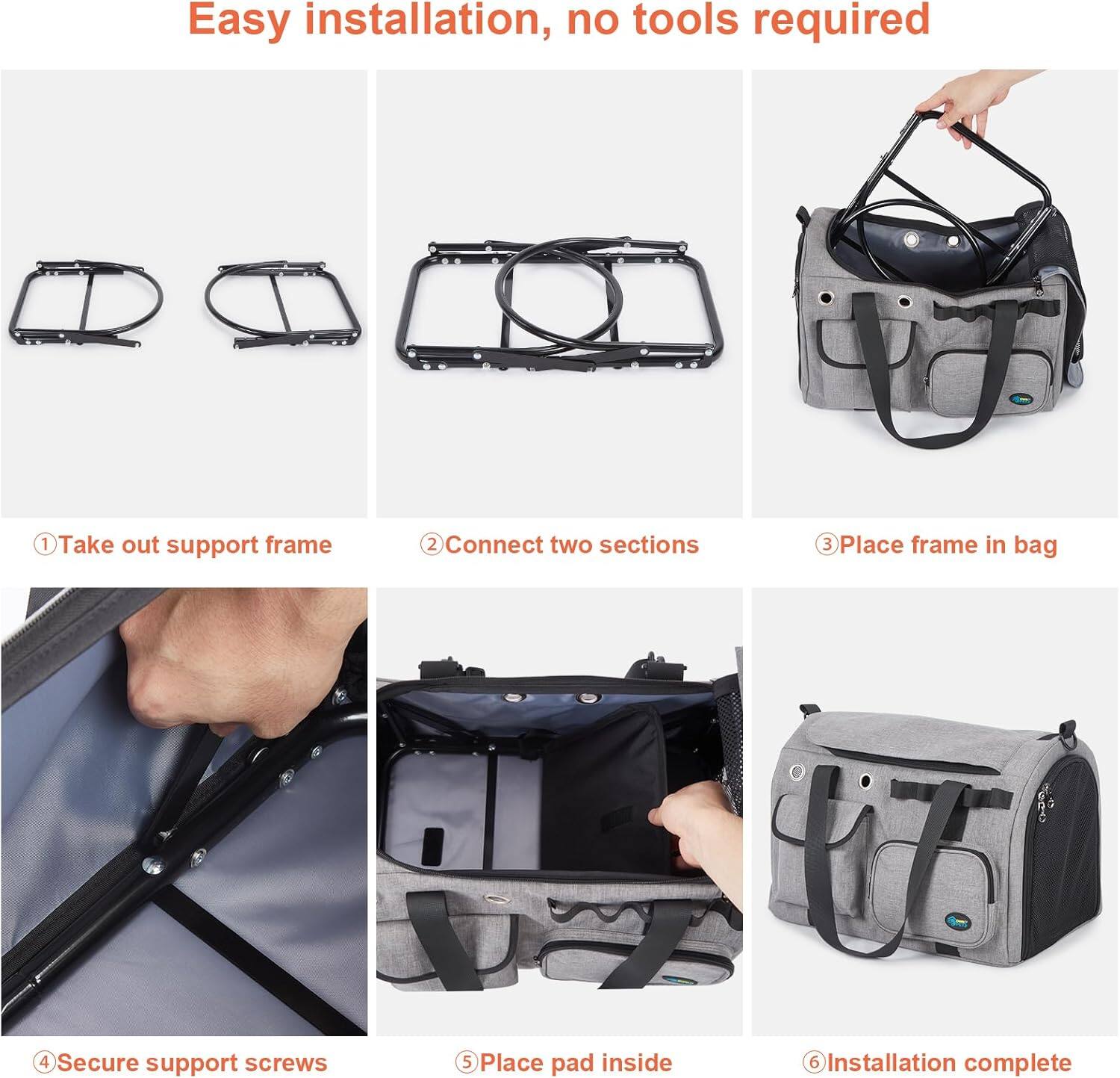 Easy installation, no tools required

1. Take out support frame
2. Connect two sections
3. Place frame in bag
4. Secure support screws
5. Place pad inside
6. Installation complete