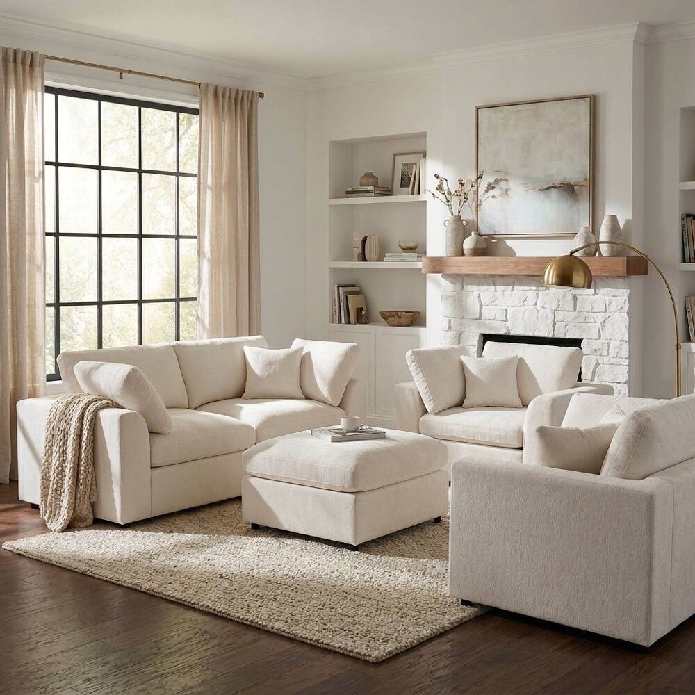 Angle. Loheer - Loheer 4-Piece Sofa Set Chenille Modern Living Room Furniture Loveseat Accent Chairs Ottoman - Beige.