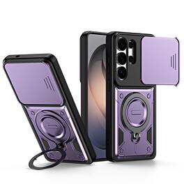 Dteck - For Samsung Galaxy S26 Ultra Shockproof Ring Kickstand Drop Protection Rugged Case Sliding Camera Lens Cover - Purple